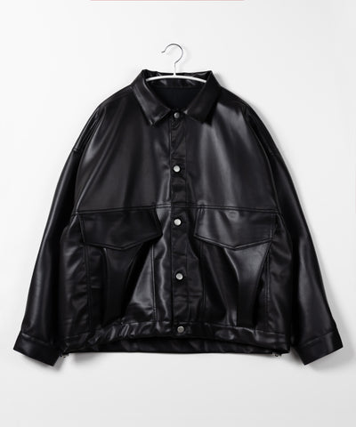 【 裾絞り可能2WAY 】ビッグシルエットボーイフレンドレザージャケット