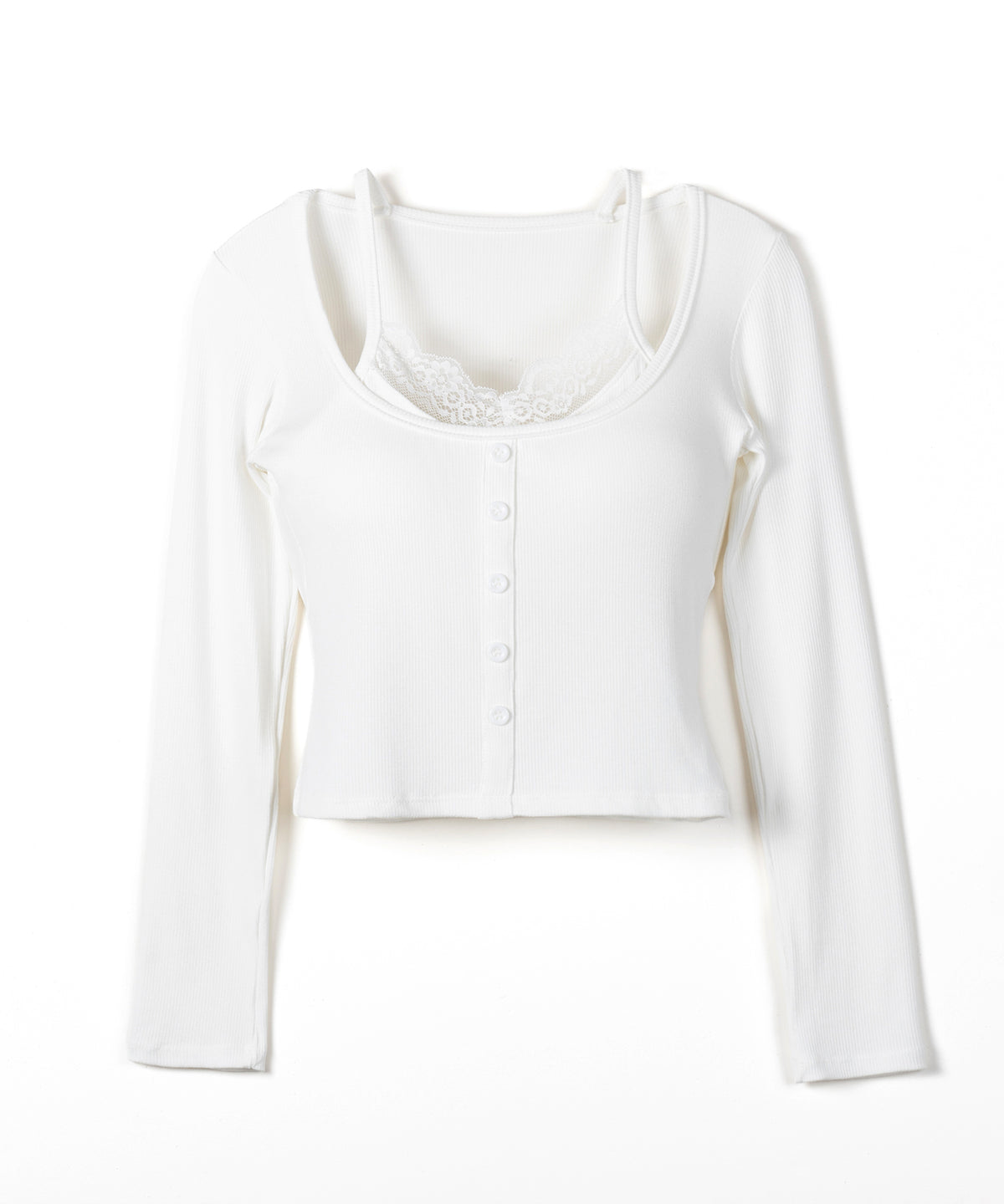 レースキャミスクエアネック長袖リブTシャツ / Lace camisole square neck long-sleeve ribbed T-shirt