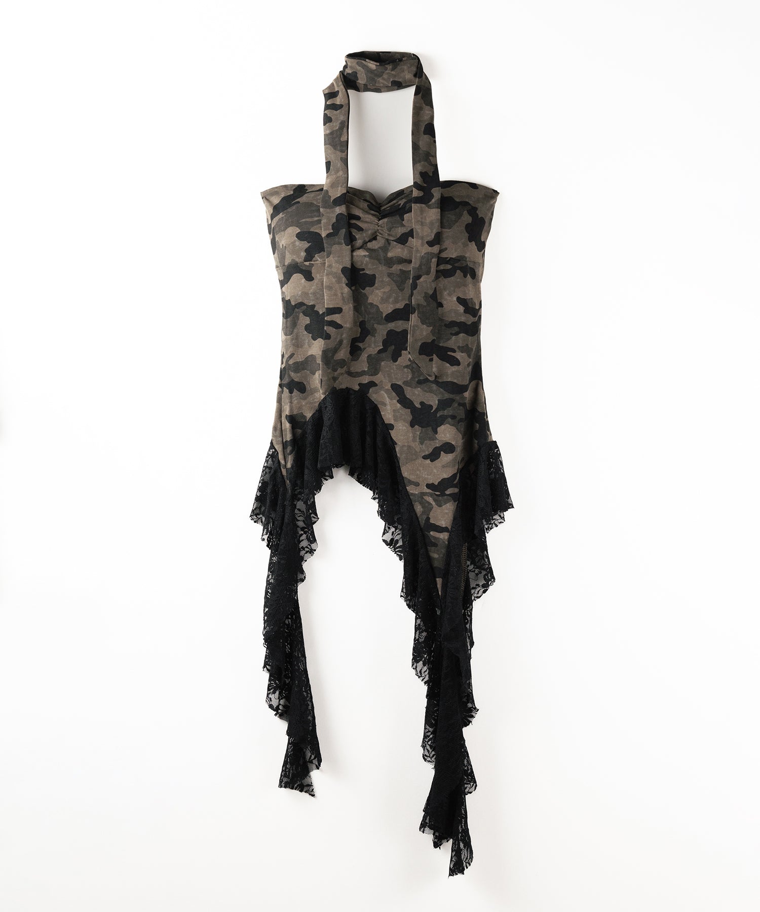 チョーカーロングタイ付き ヴィンテージカモフラレースフリルベアトップス / ( choker long tie SET ) vintage camouflage lace frill bare tops