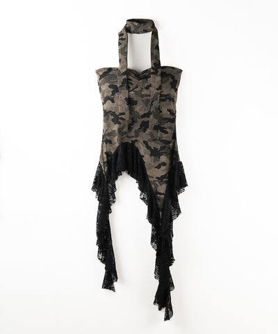 チョーカーロングタイ付き ヴィンテージカモフラレースフリルベアトップス / ( choker long tie SET ) vintage camouflage lace frill bare tops