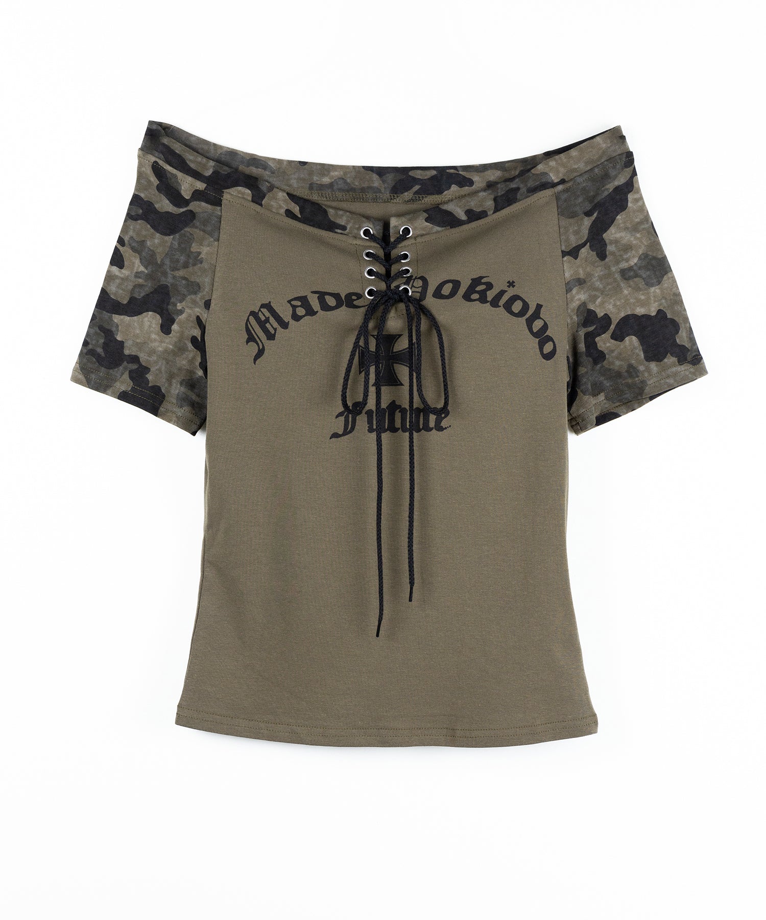 半袖ヴィンテージカモフラロゴオフショルTシャツ / short sleeve vintage camouflage logo off-shoulderT-shirt