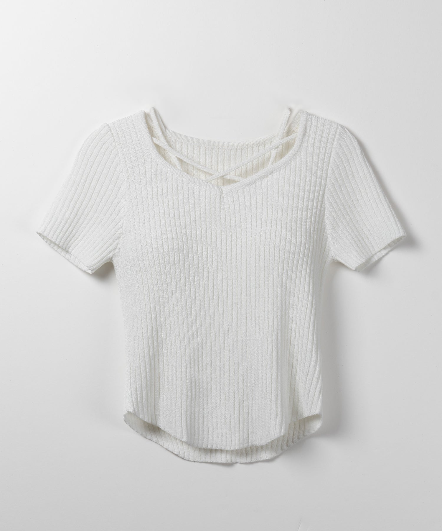 半袖クロスラインストラップデザインリブニット
