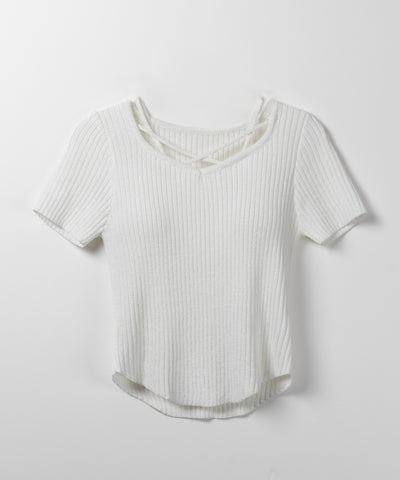 半袖クロスラインストラップデザインリブニット