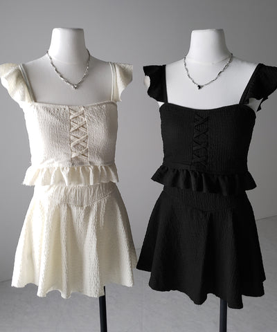 【 レディース水着/2点セット 】レースアップショルダーフリルハイウエストフレアビキニ / lace-up shoulder frill high waist flare bikini