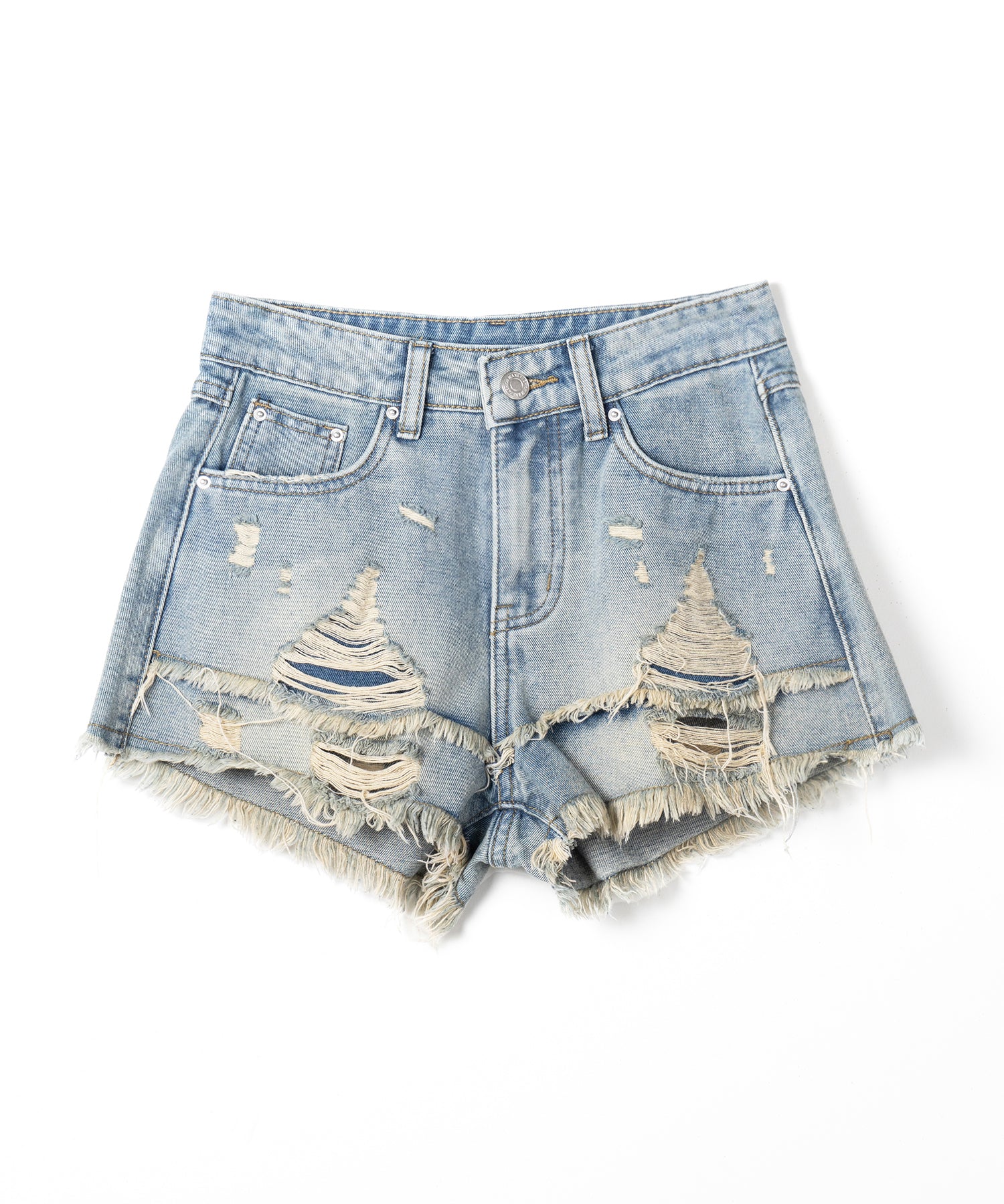 クラッシュダメージダブルフリンジデニムショートパンツ/crash damage double fringe denim short pants
