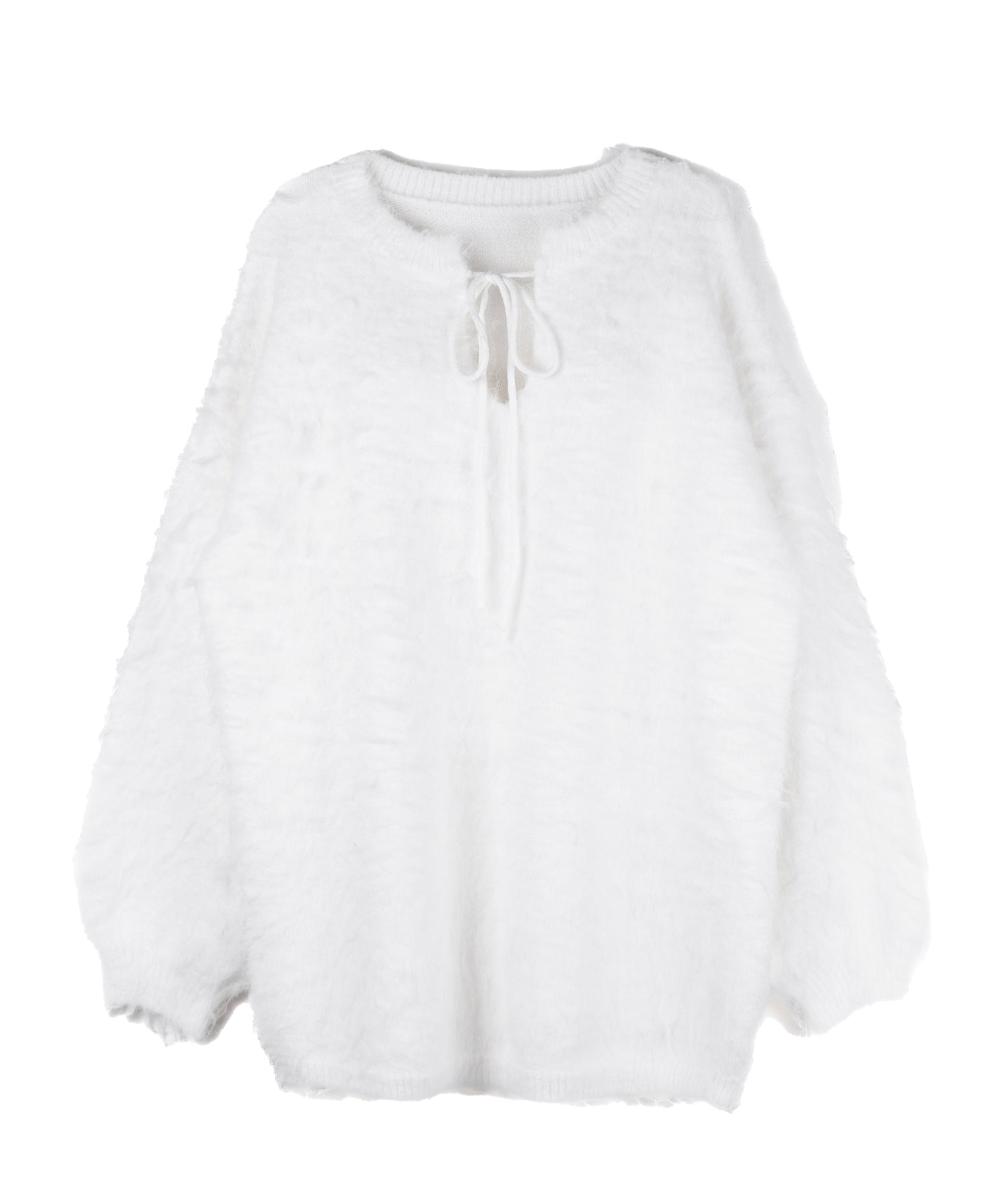 ストラップリボンオフショルオーバーシャギーニット / strap ribbon off shoulder over shaggy knit