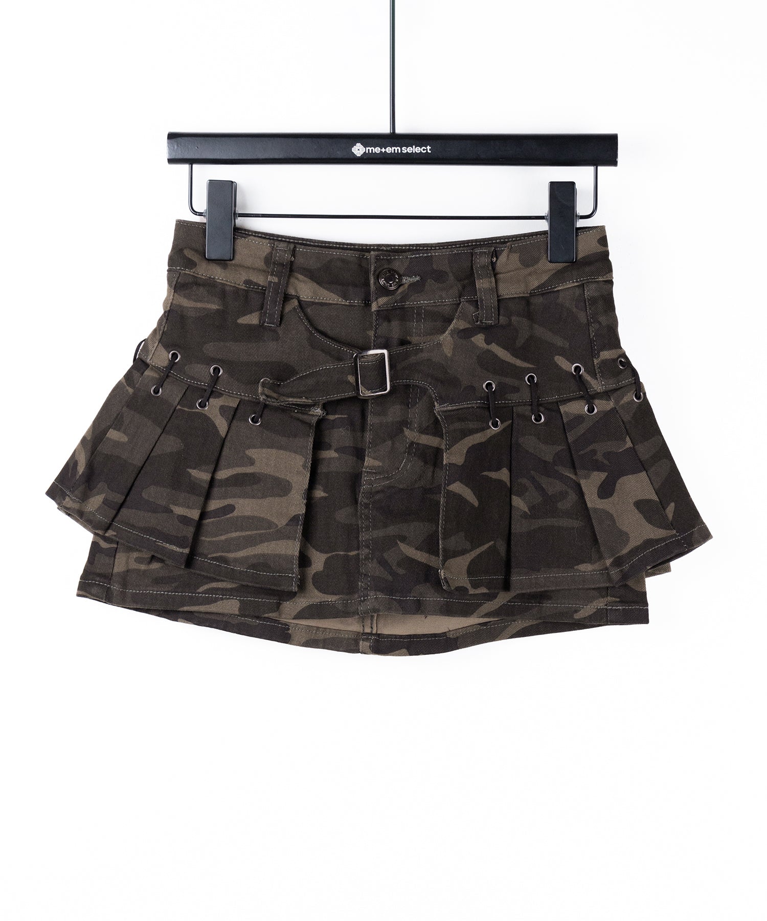 【 インパン裏地付 】カモフラベルテッドマイクロプリーツミニスカパン / camouflage belted micro pleats skirt pants