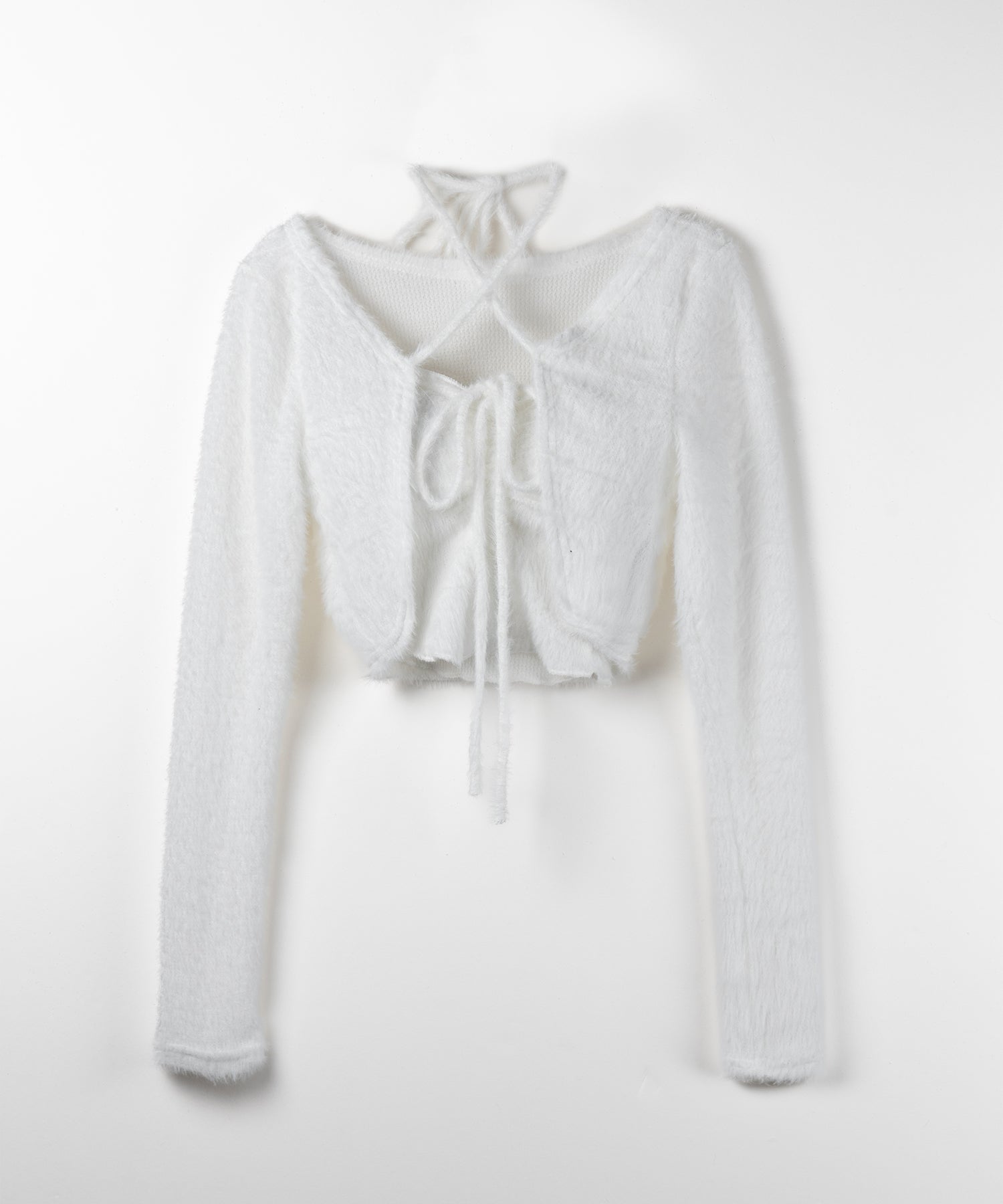 【 2点セット 】シャギーリボンベアトップス & ショートシャギーカーディガン SET / Shaggy ribbon bare tops & short shaggy cardigan