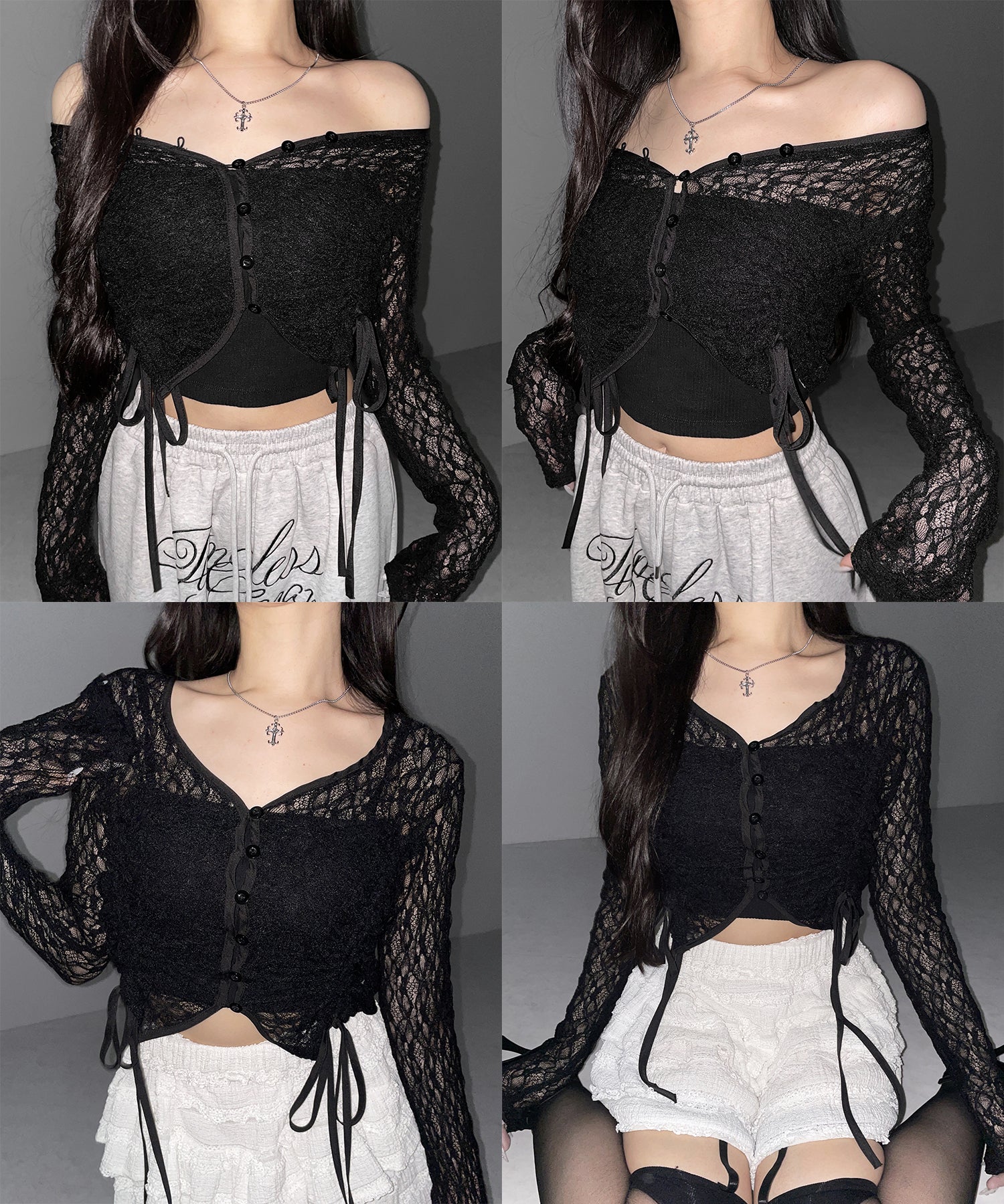 ダブルシャーリングショートレースカーディガン / double shirring short lace cardigan