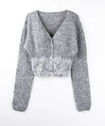 レースドッキングモヘアライクニットカーディガン / Lace docking mohair-like knit cardigan