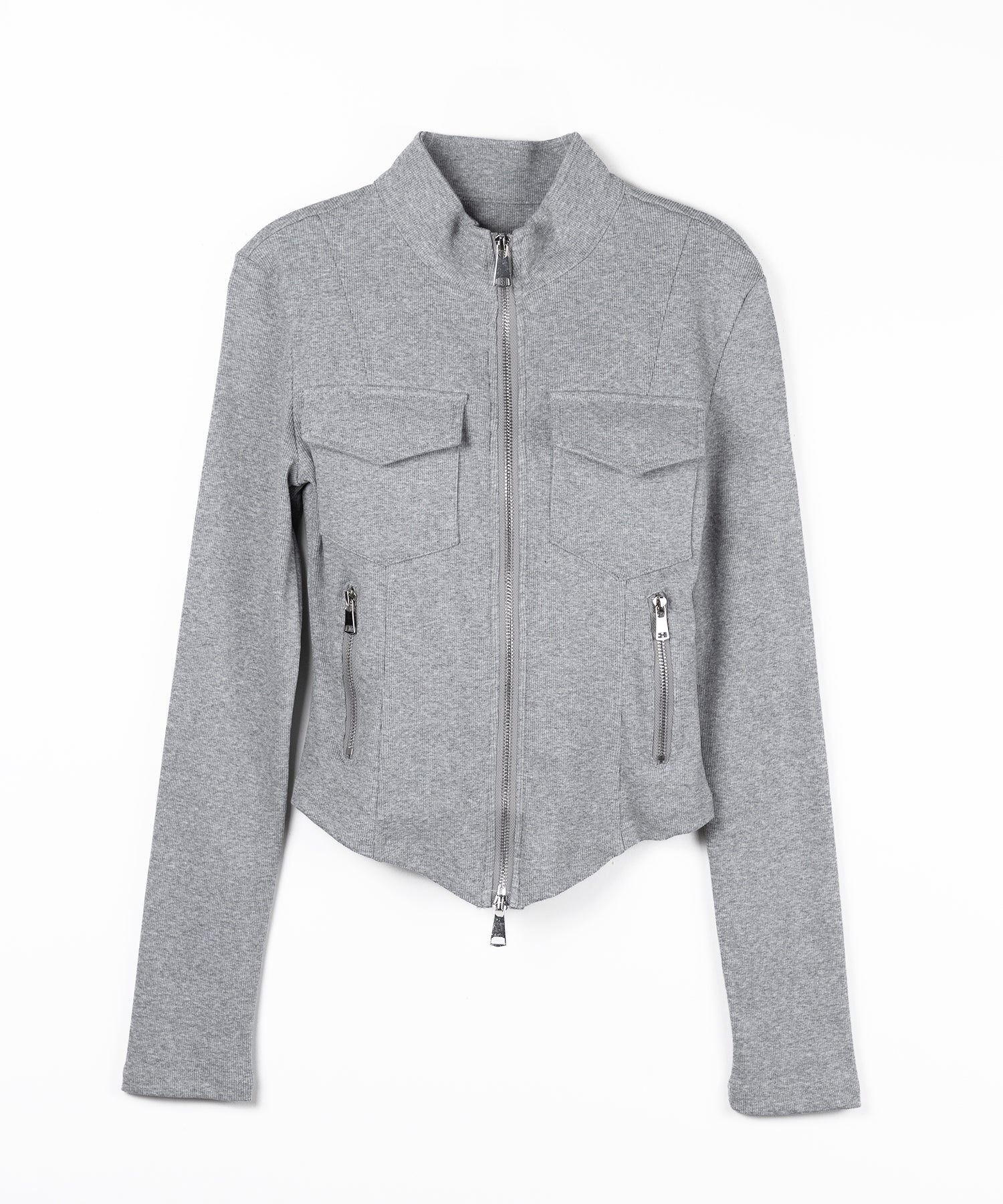 アウトポケットダブルジップスリムリブトップス / out pocket double zip slim ribbed tops