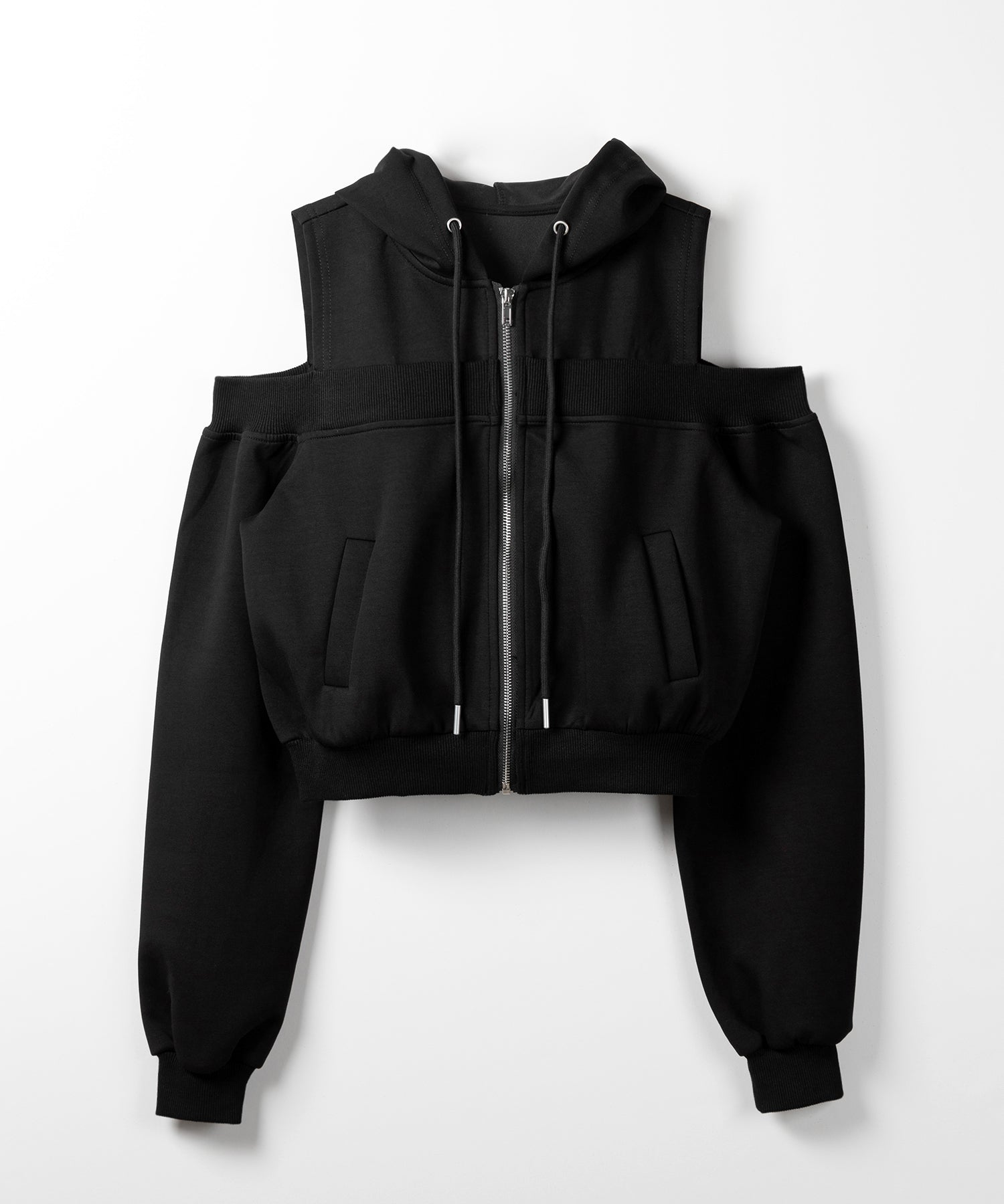 オープンショルダーカットアウトジップアップパーカー / open shoulder cut out zip up hoodie