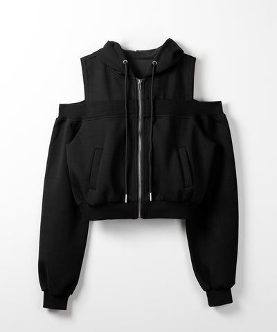 オープンショルダーカットアウトジップアップパーカー / open shoulder cut out zip up hoodie
