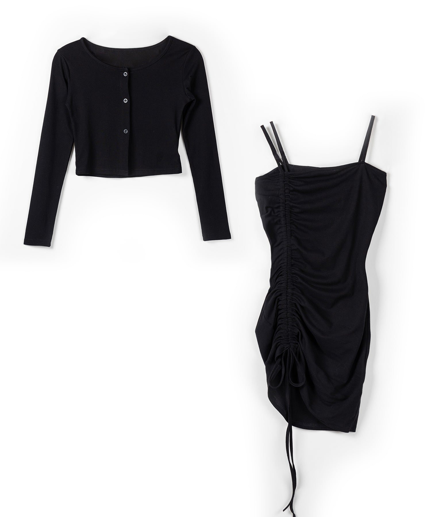 【 2点セット 】シャーリングサイドリボンミニワンピース & カーディガン SET / shirring side ribbon mini onepiece & cardigan SET