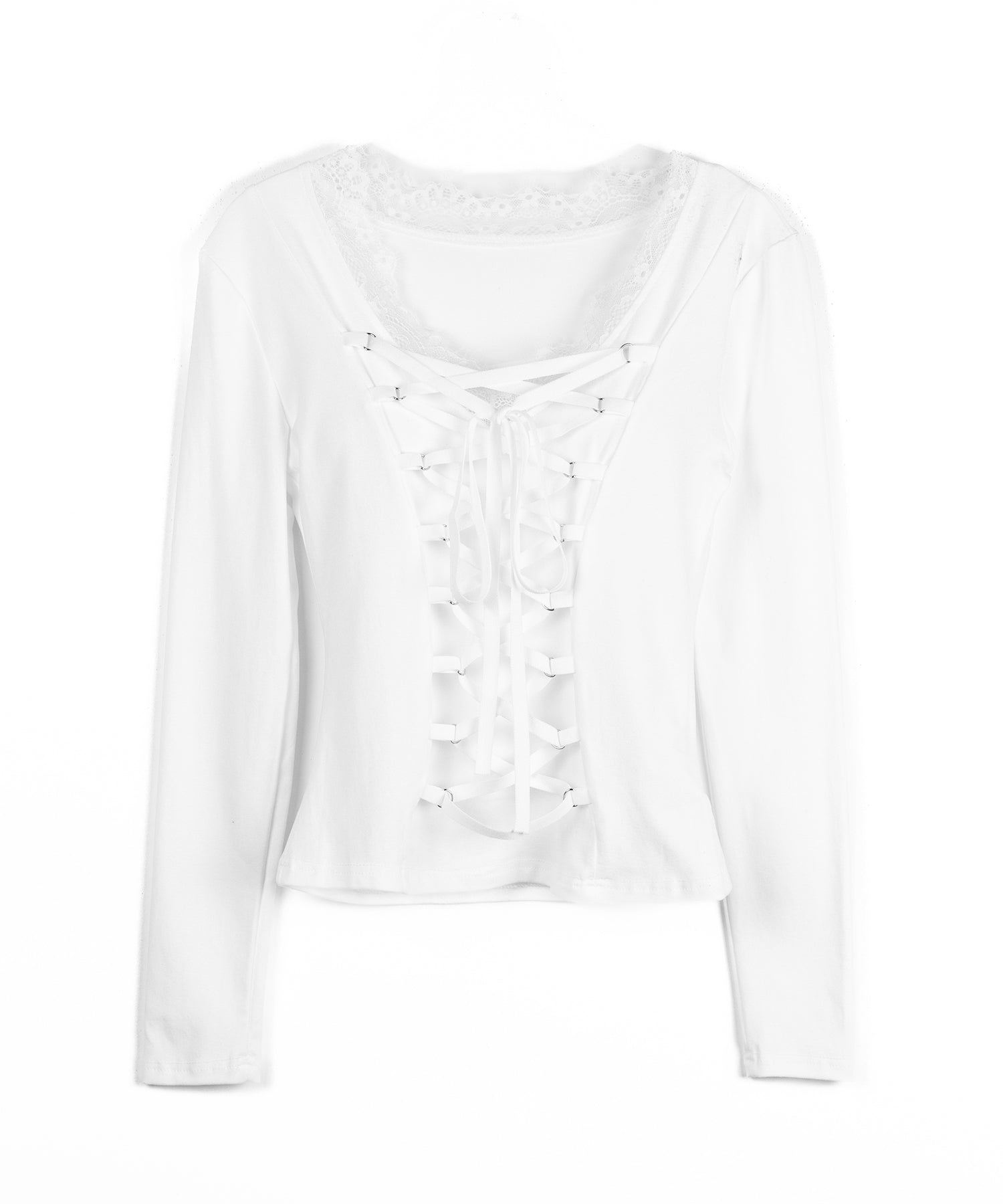 【 クロスネックにできる2WAY 】フロントリボンレースアップスリムカットソートップス / 2WAY front ribbon lace up slim cutsew tops