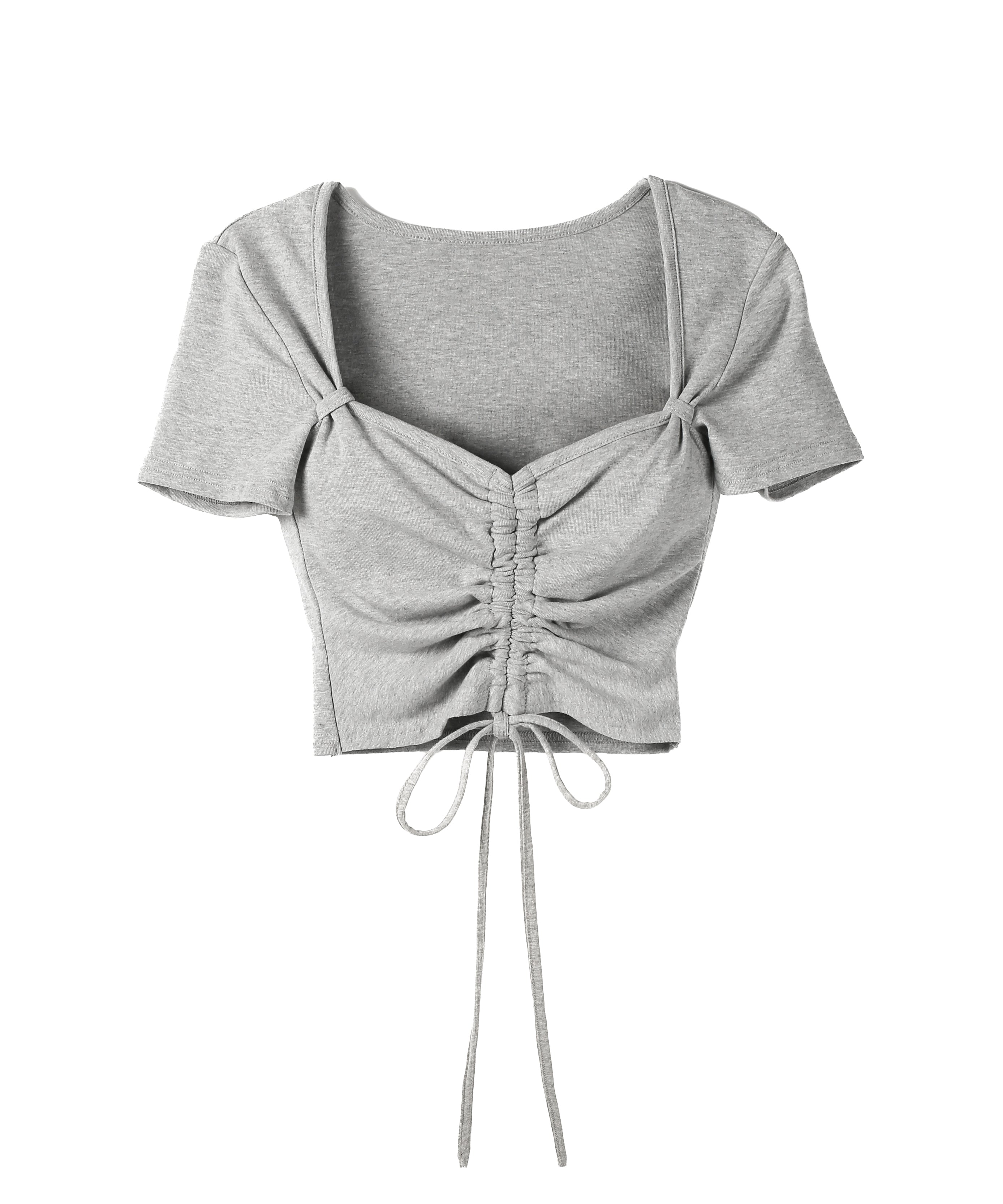 【クロスネックにできる2WAY 】フロントシャーリングリボン半袖ショートTシャツ /2WAY front shirring ribbon short sleeve short T-shirt