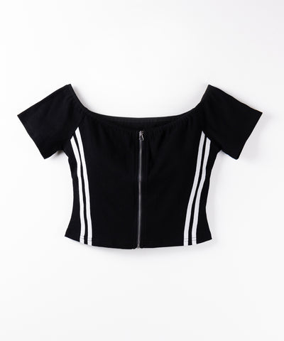 ジップアップオフショルサイドラインTシャツ / zipup off shoulder sideline T-shirt