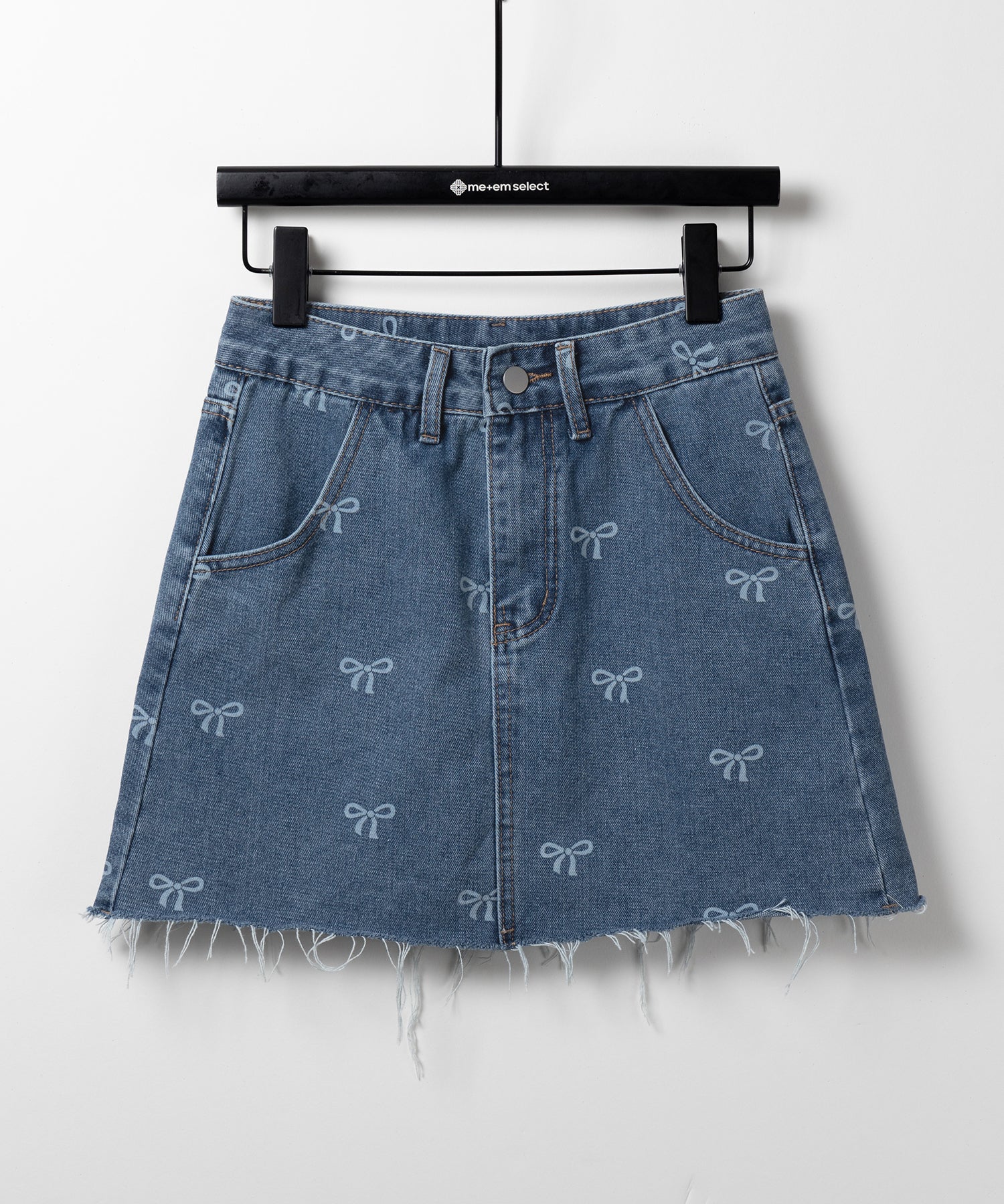 【 インパン裏地付き 】リボンプリントダメージデニムミニスカート / ribbon print damage denim mini skirt