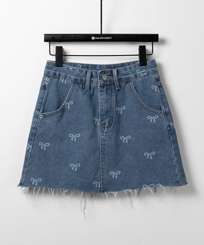 【 インパン裏地付き 】リボンプリントダメージデニムミニスカート / ribbon print damage denim mini skirt