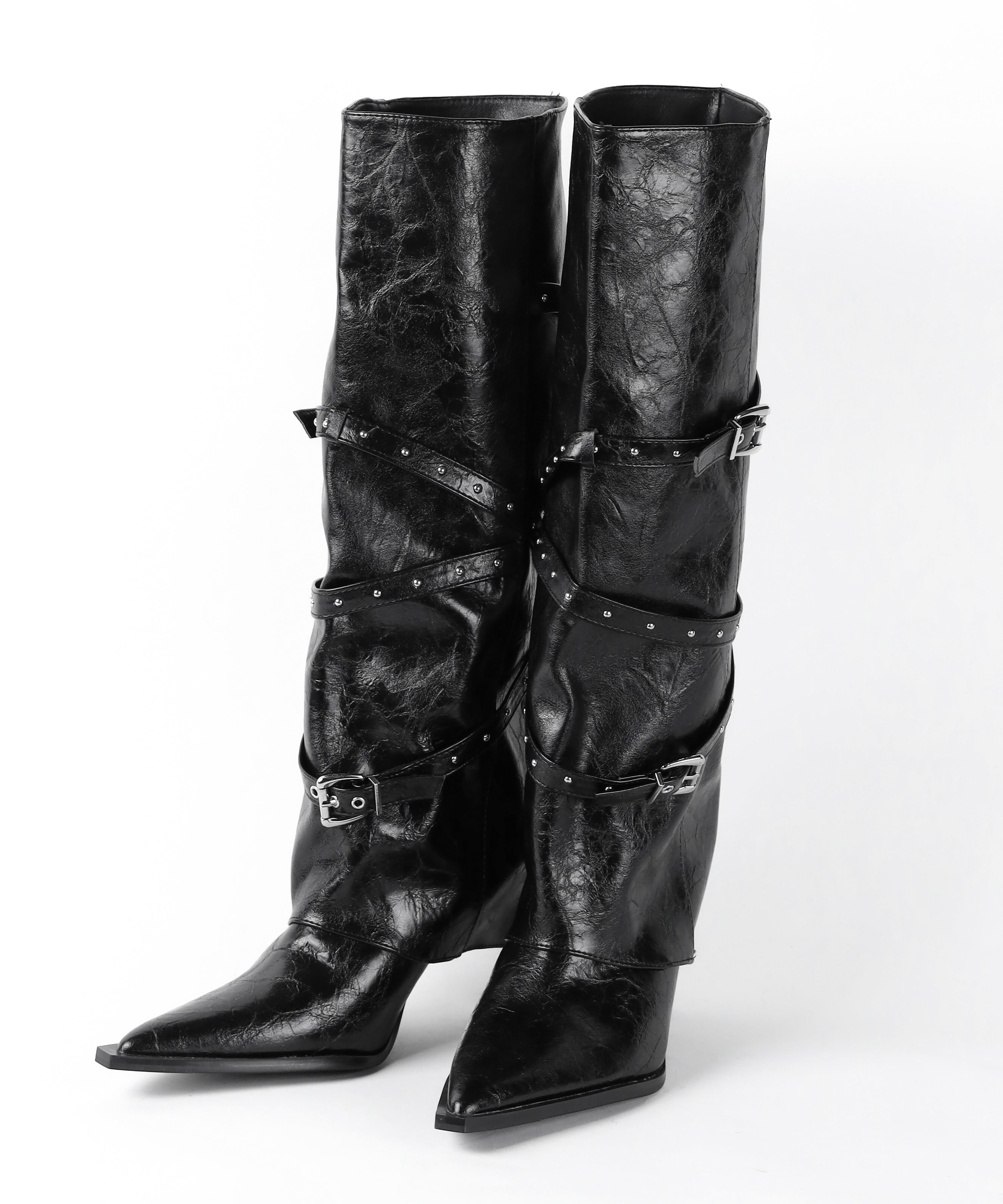 ヴィンテージレザーベルテッドロングカバーブーツ /vintage leather belted long cover boots