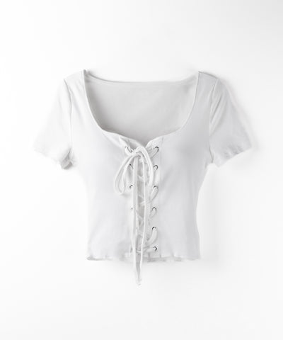 レースアップフロントリボン半袖ショートTシャツ / lace up front ribbon short sleeve short slim T-shirt