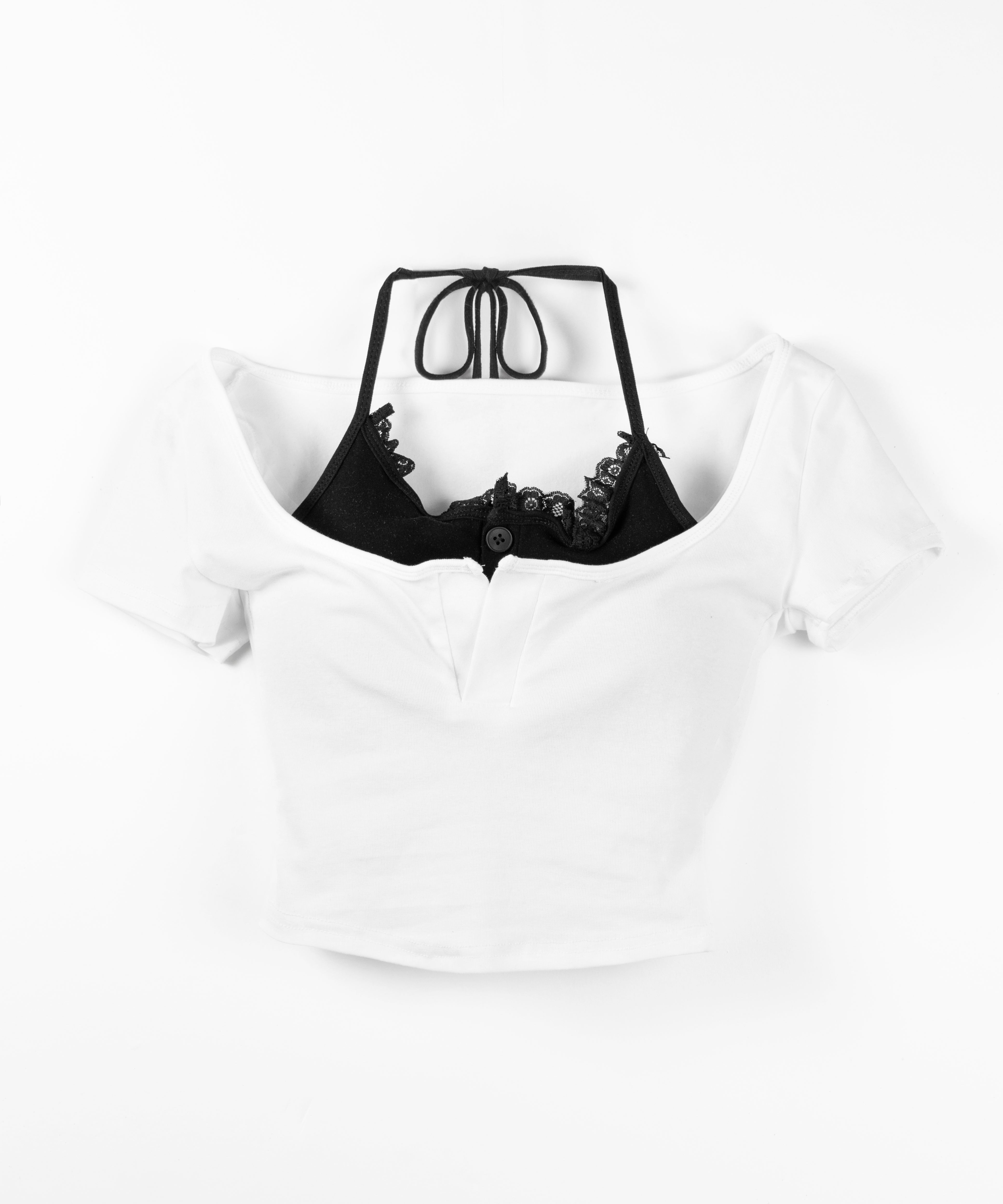 レースレイヤードドッキングスクエアネックTシャツ / Lace layered docking square neck T-shirt