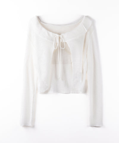 【 2color 】襟付きフロントリボンシアーニットショートカーディガン / collar front ribbon sheer knit short cardigan