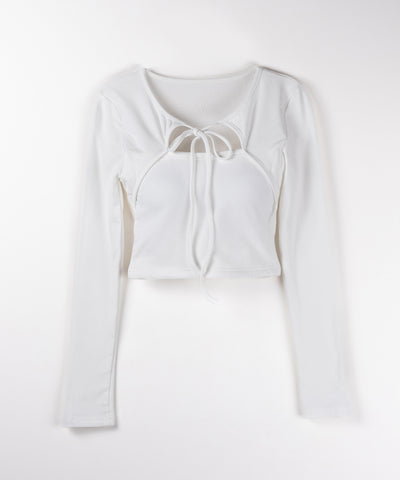 【 2WAY / 裏起毛 】フロントリボンカットアウトドッキングショートトップス / front ribbon cutout docking short tops