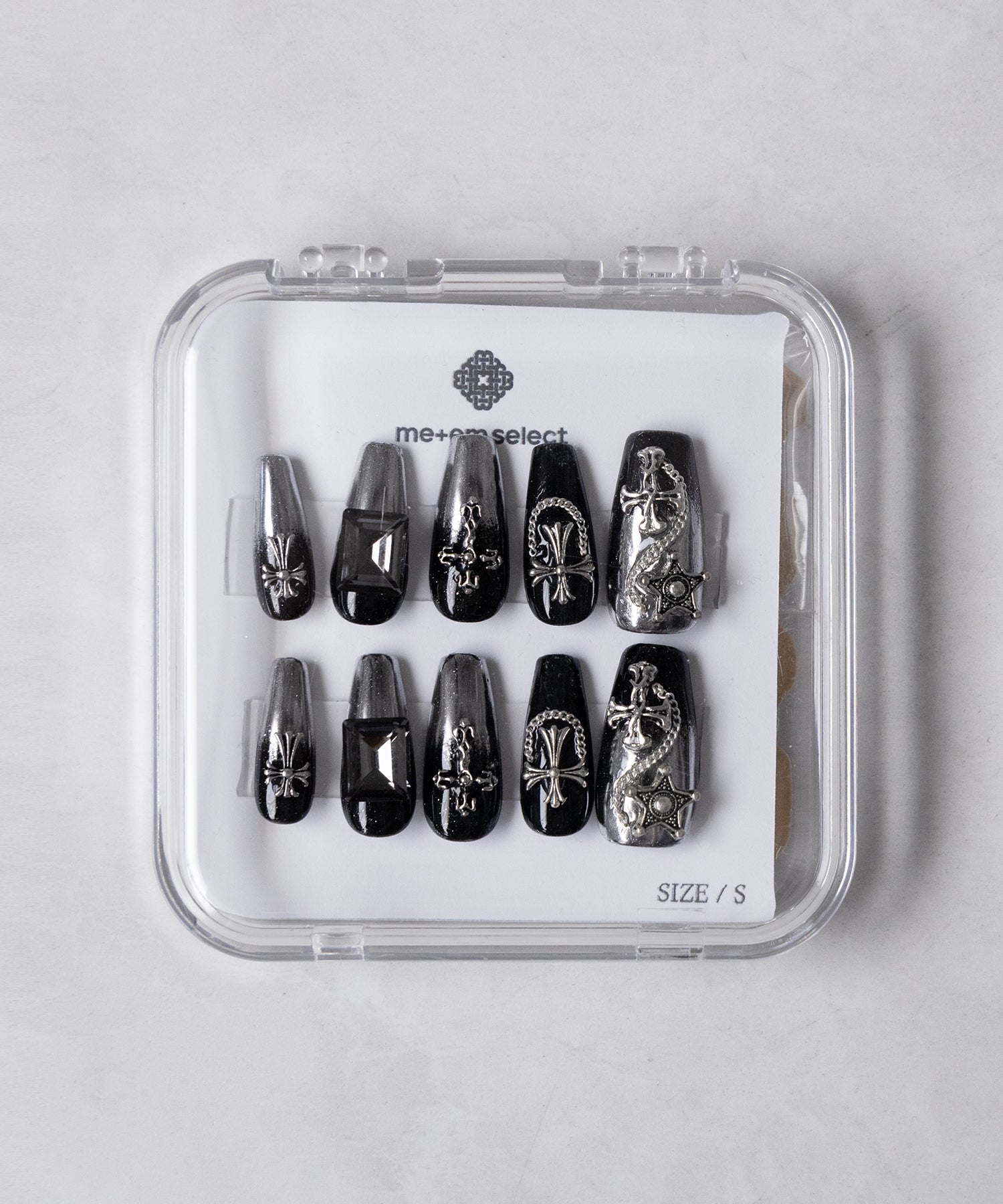 チェーンクロスブラックミラースクエアネイルチップ / chain cross black mirror square nail tips