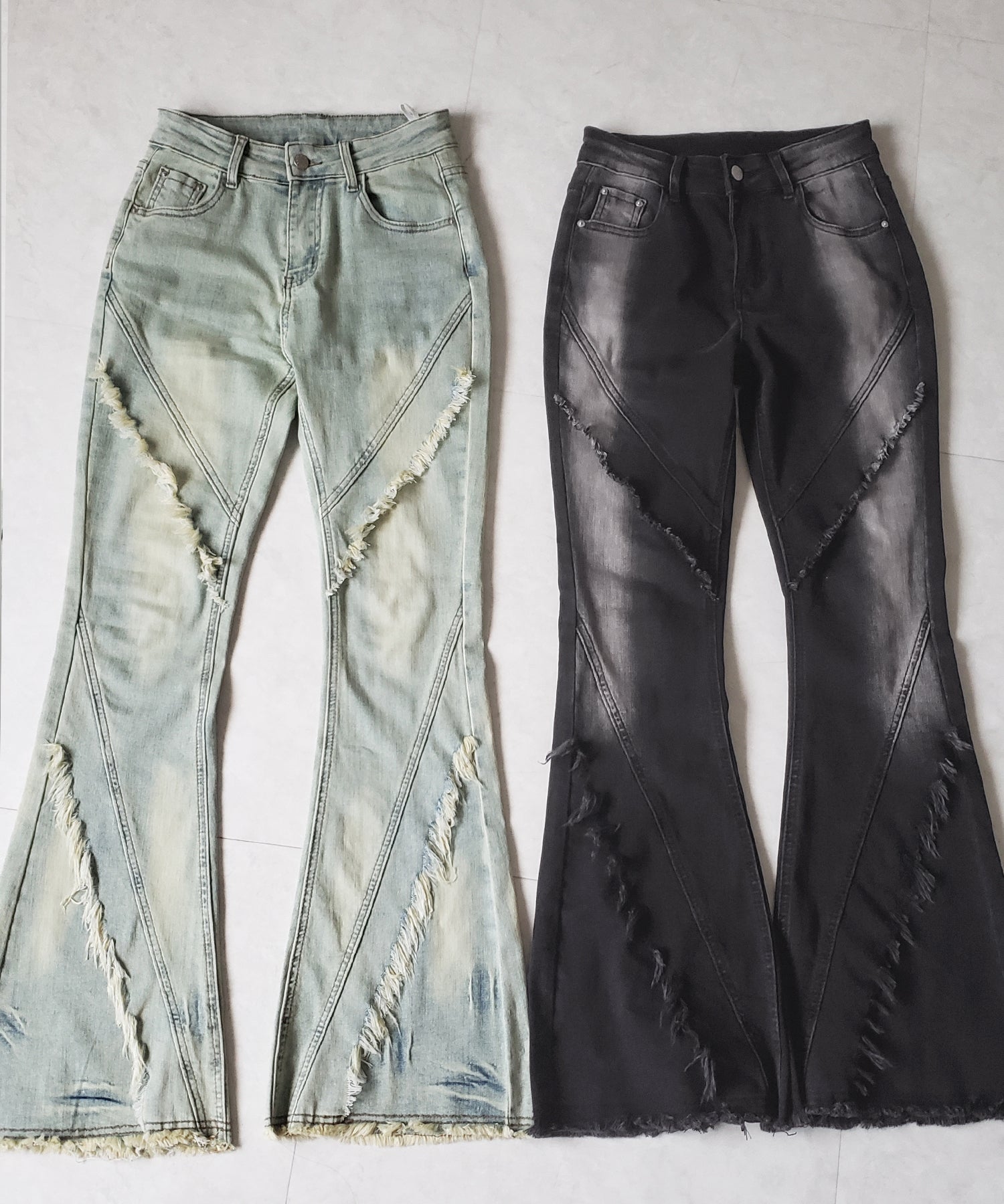 【 2color / 4size 】フリンジデザインヴィンテージライクストレッチフレアデニム / fringe design vintage-like stretch flare denim