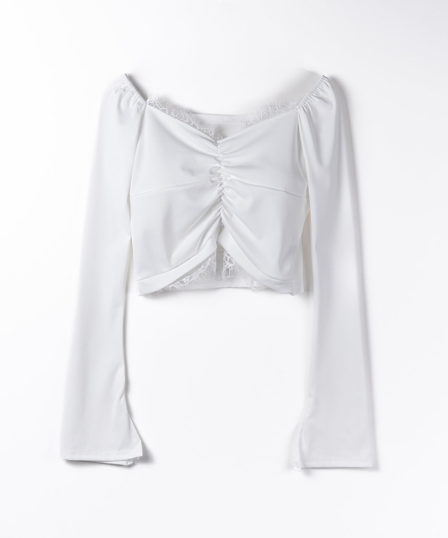 【 2color 】レースドッキングシャーリングショートカットソートップス / lace docking shirring short cutsew tops