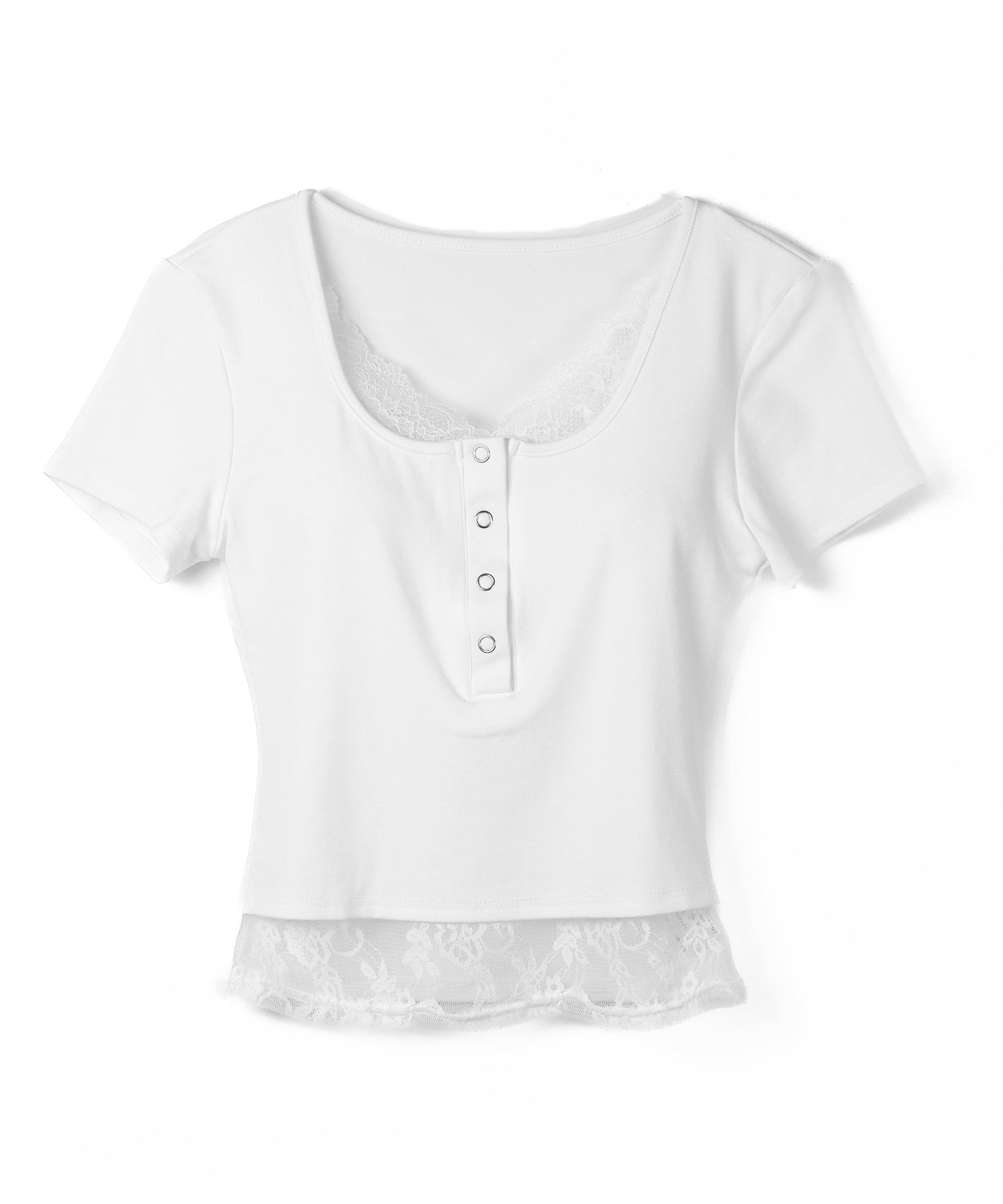 レースレイヤードヘンリーネックスクエア半袖Tシャツ / lace layered henley neck square short sleeve T-shirt