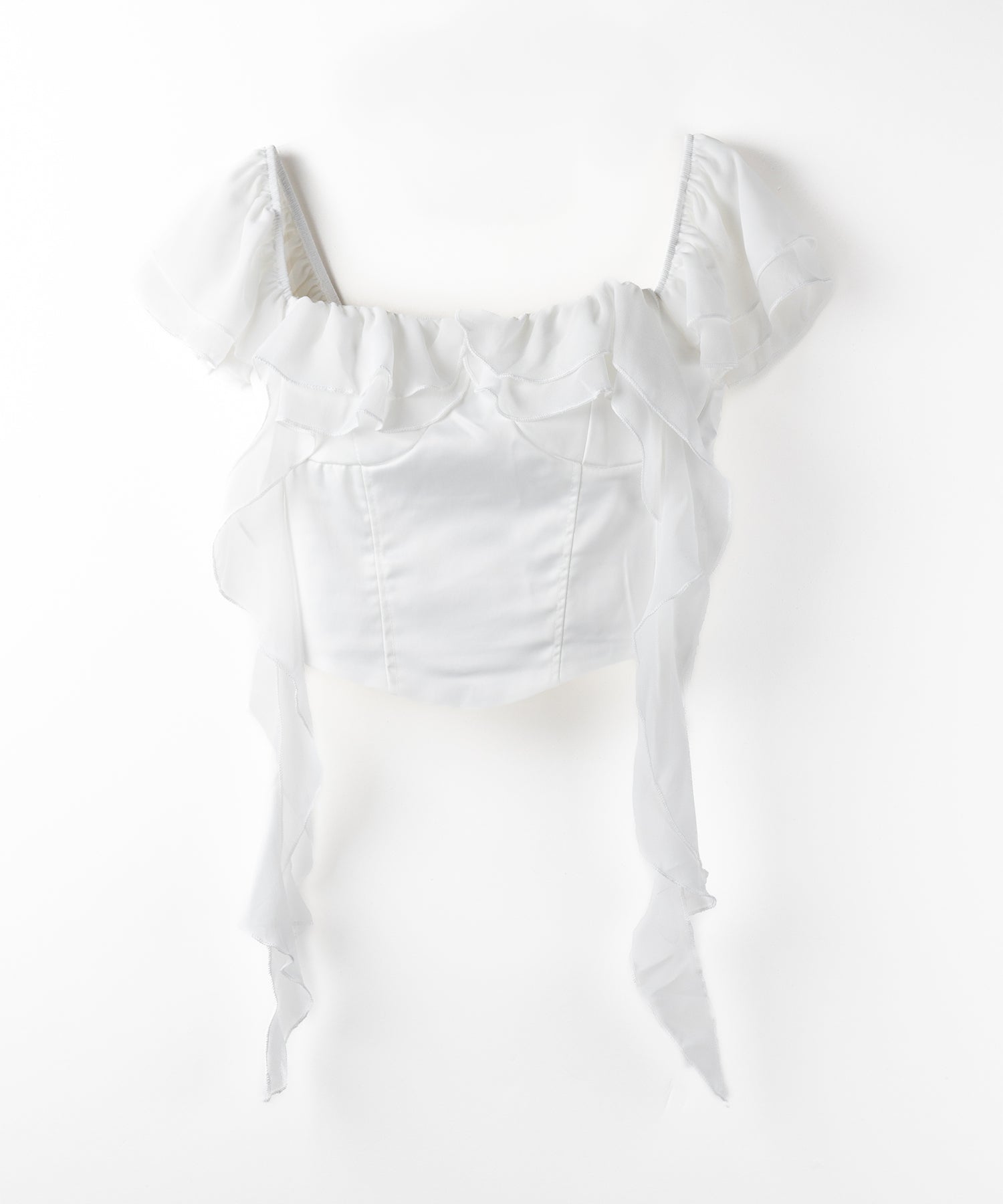 【 2WAY 】シアーフリルコルセットサテンショートブラウス / sheer frill corset satin short blouse