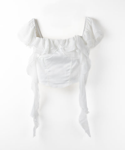 【 2WAY 】シアーフリルコルセットサテンショートブラウス / sheer frill corset satin short blouse