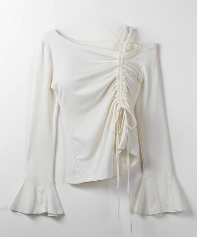 シャーリングリボンスリットワンショルダートップス / shirring ribbon slit one shoulder tops