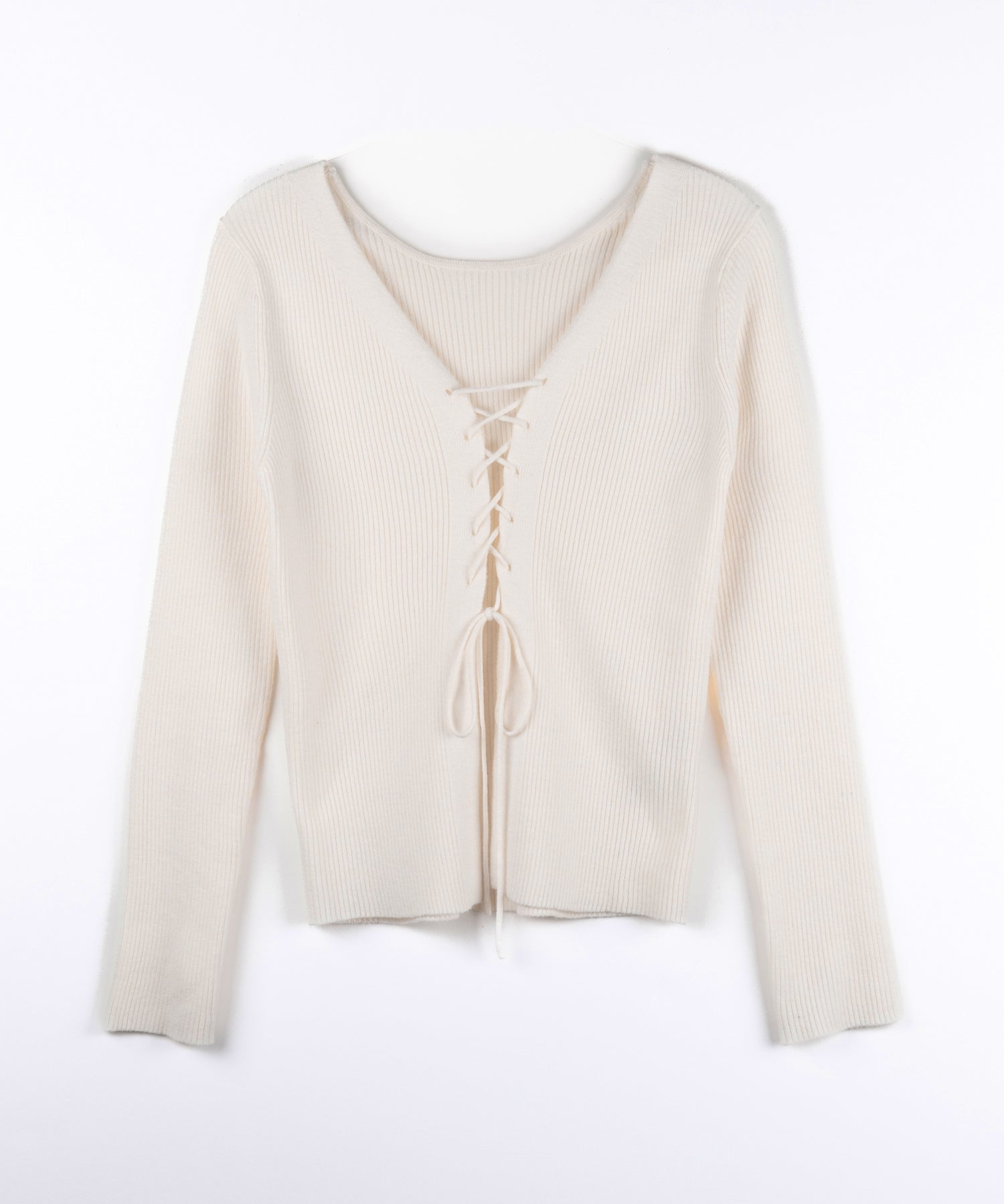 【 3color 】レースアップリボンリブニットカーディガン / lace up ribbon rib knit cardigan
