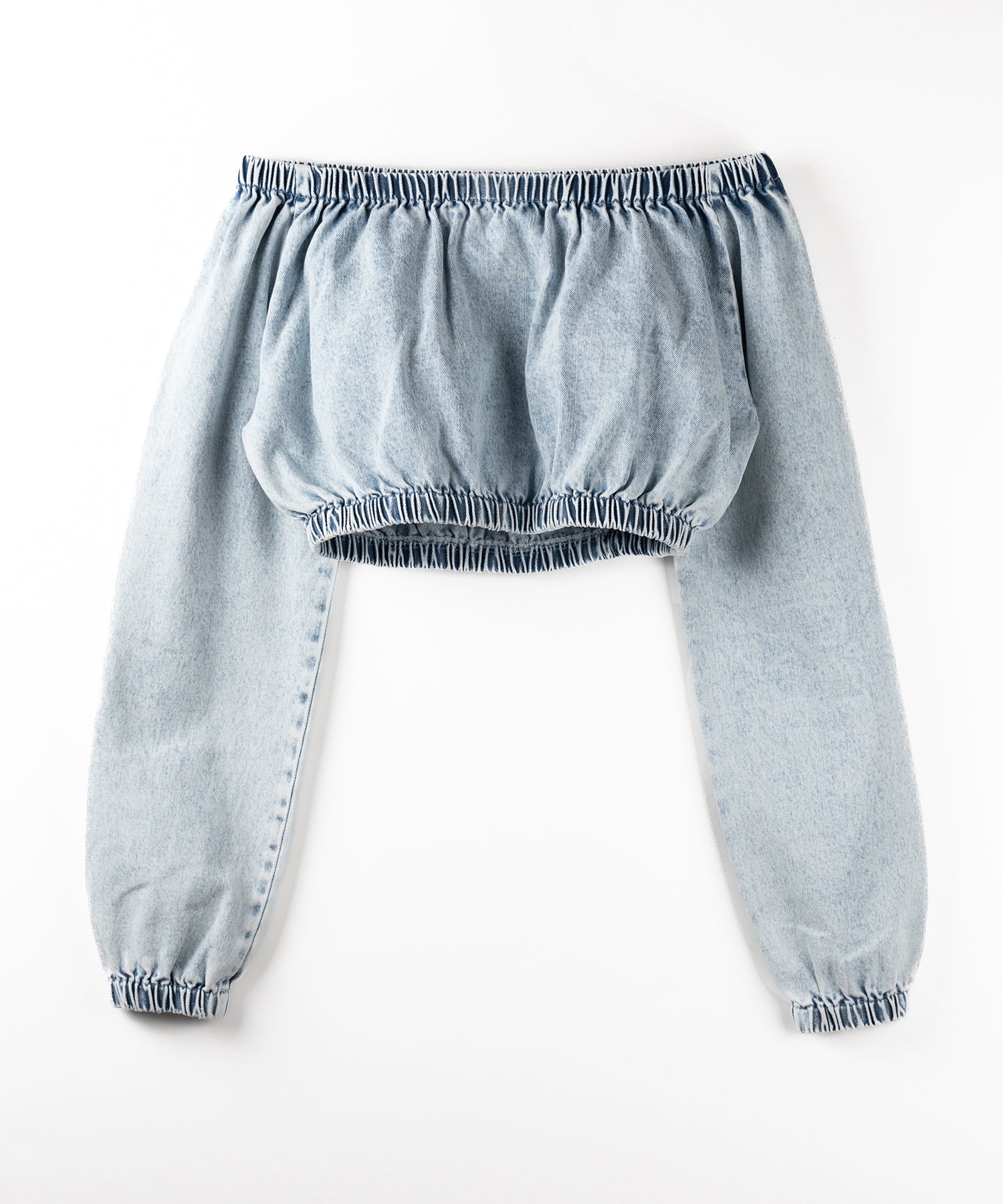【 2color 】ヴィンテージデニムギャザーオフショルトップス / vintage denim gathered off shoulder tops