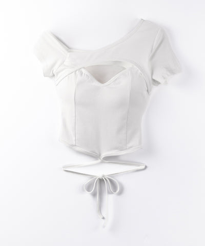胸開きカットアウトクロスストラップワンショルダーTシャツ / open chest cutout cross strap one shoulder T-shirts