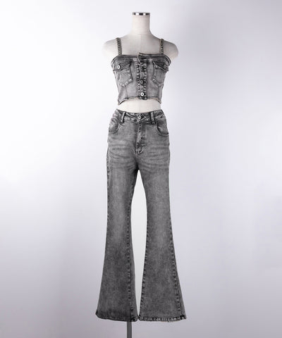 【 セットアップ 】ヴィンテージライクデニムビスチェ + ストレッチフレアデニム SET / 【 SET UP 】 vintage like denim bustier + stretch flare denim