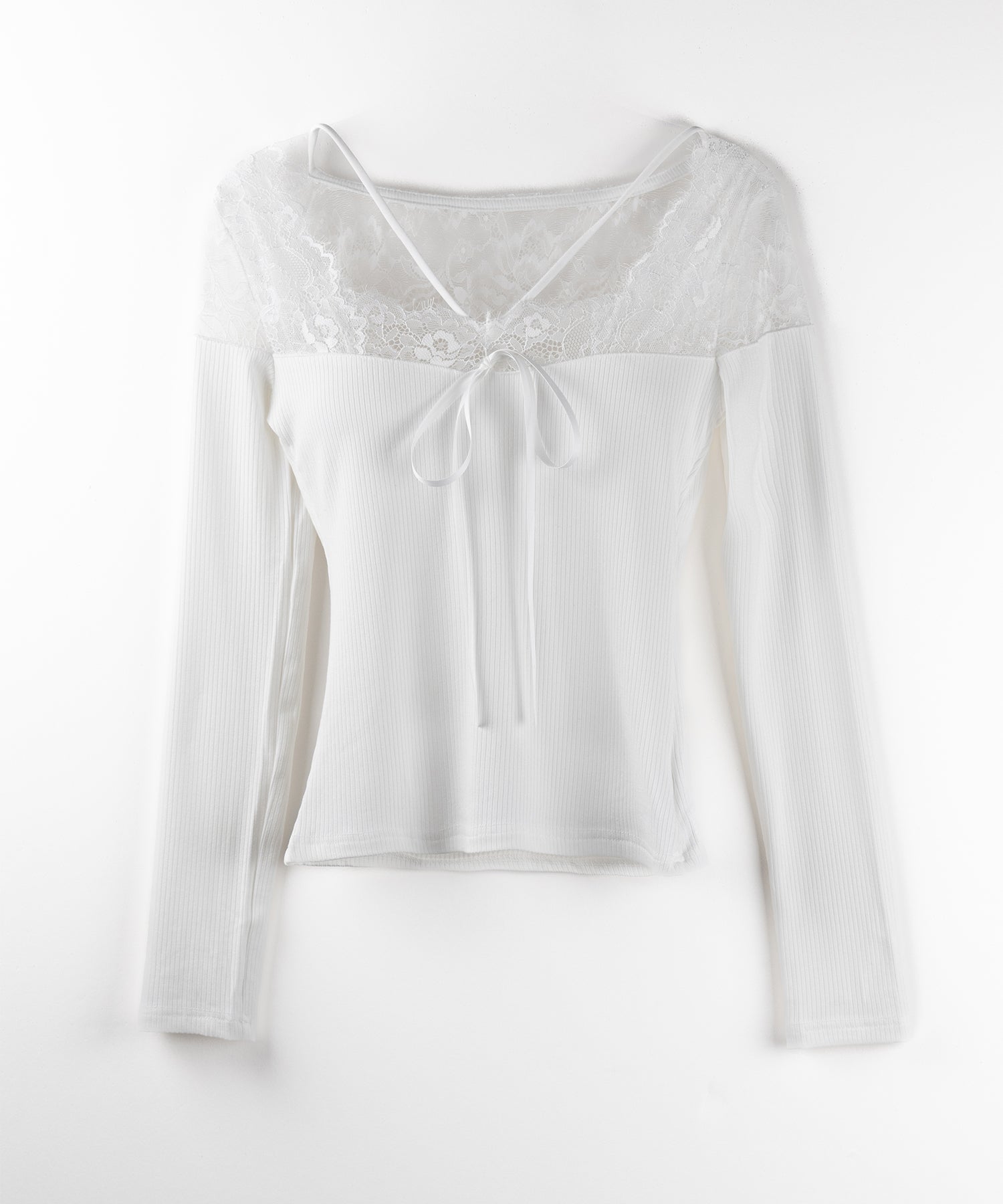 クロスストラップレース切替リブトップス / cross strap lace switching ribbed tops