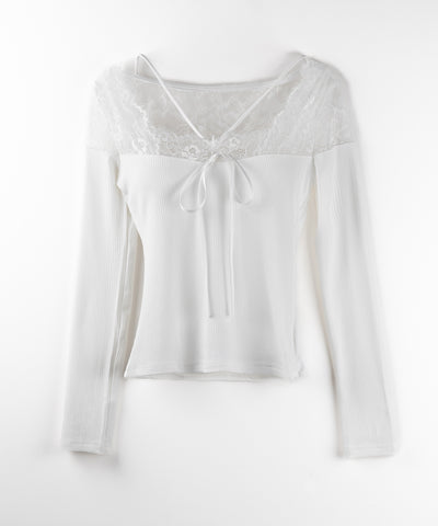 クロスストラップレース切替リブトップス / cross strap lace switching ribbed tops