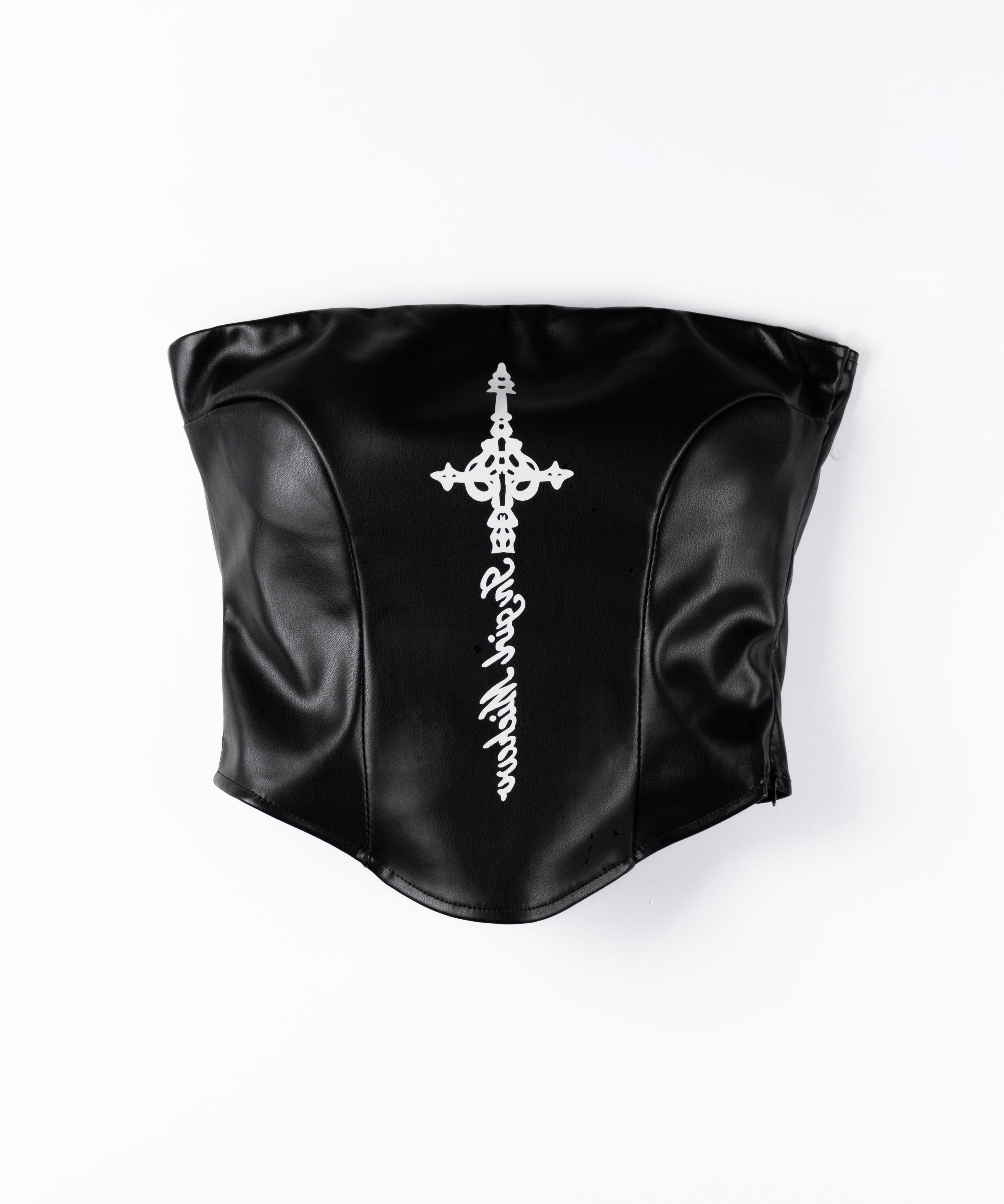 クロスデザインフェイクレザーベアトップ / cross design fakeleather bare tops