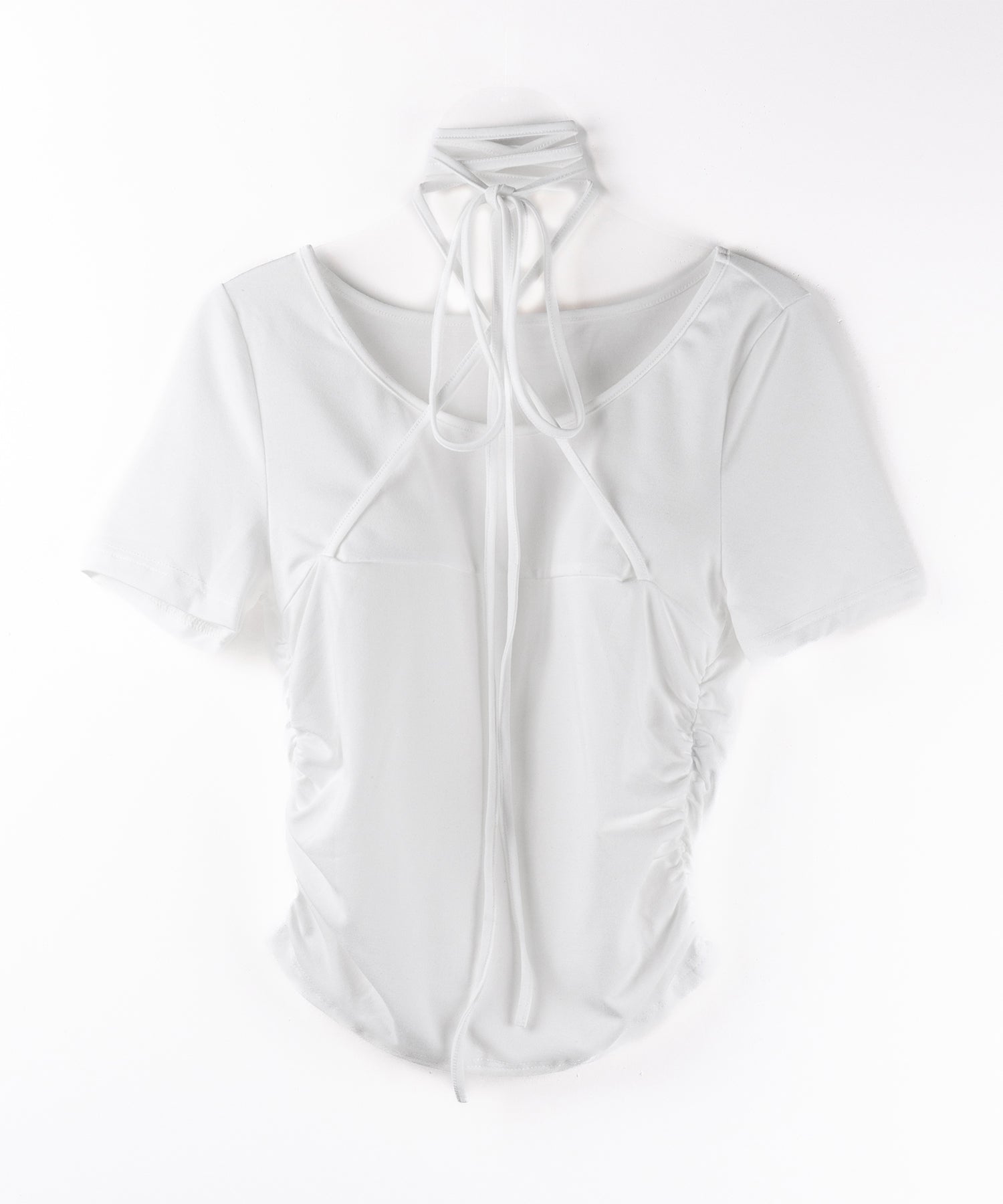 クロスストラップロングチョーカー半袖リボントップス / cross strap long choker short sleeve ribbon tops