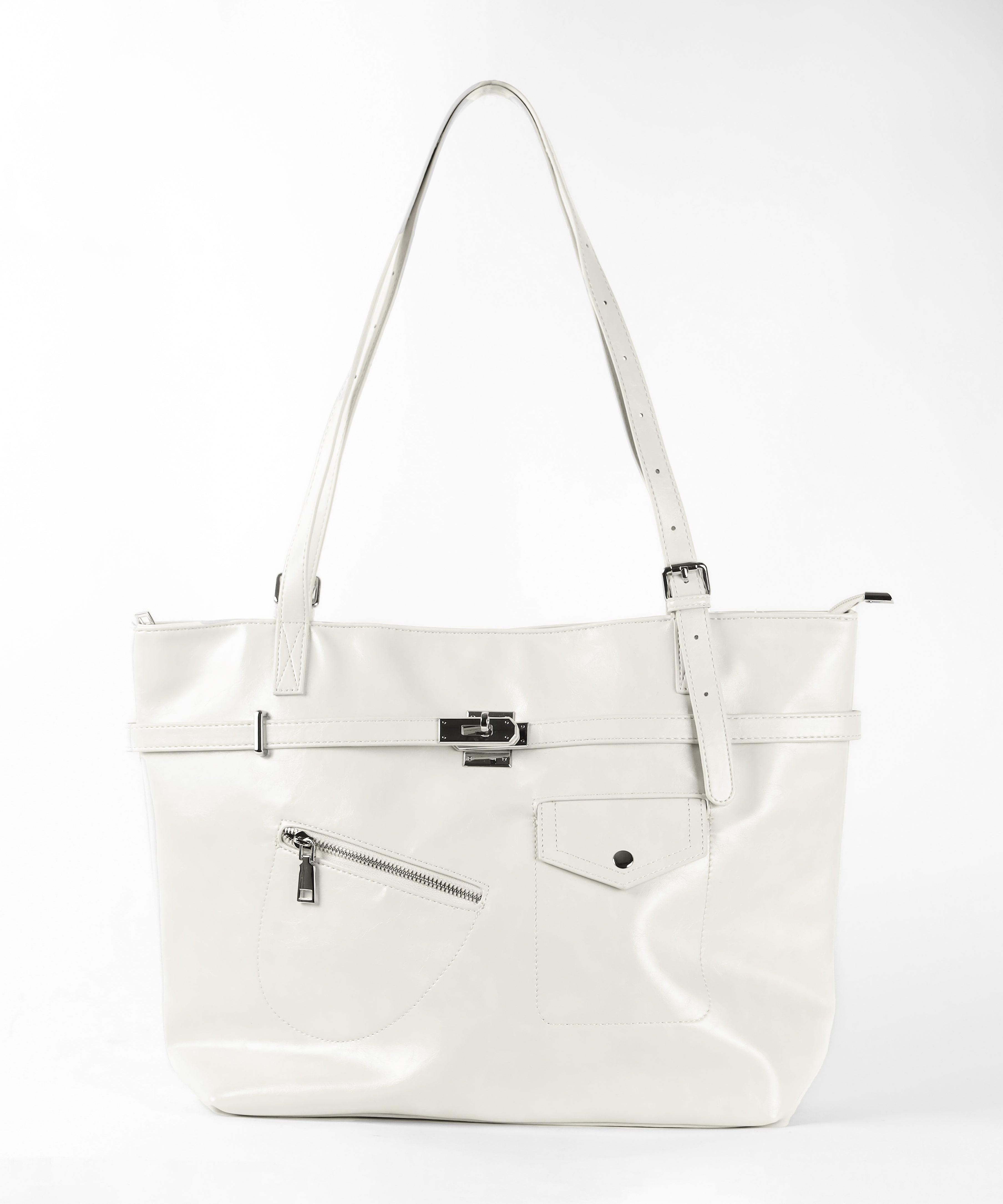 【 A4収納可 】デザインベルトフェイクレザースクエアトートバッグ / design belt fake leather square tote bag