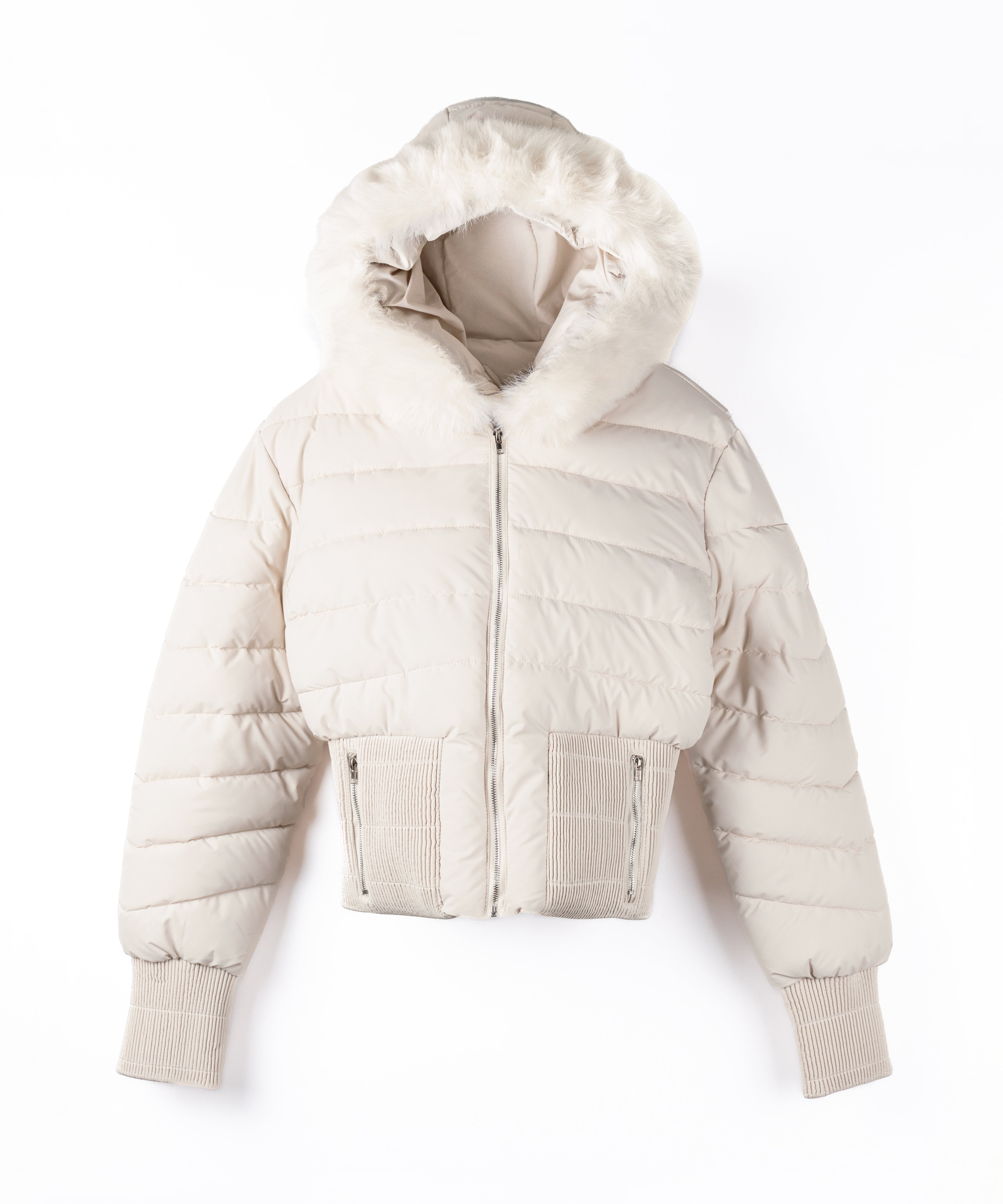 ウエストマークファーフードレディフェイクダウンジャケット / waist mark fur hooded lady fake down jacket