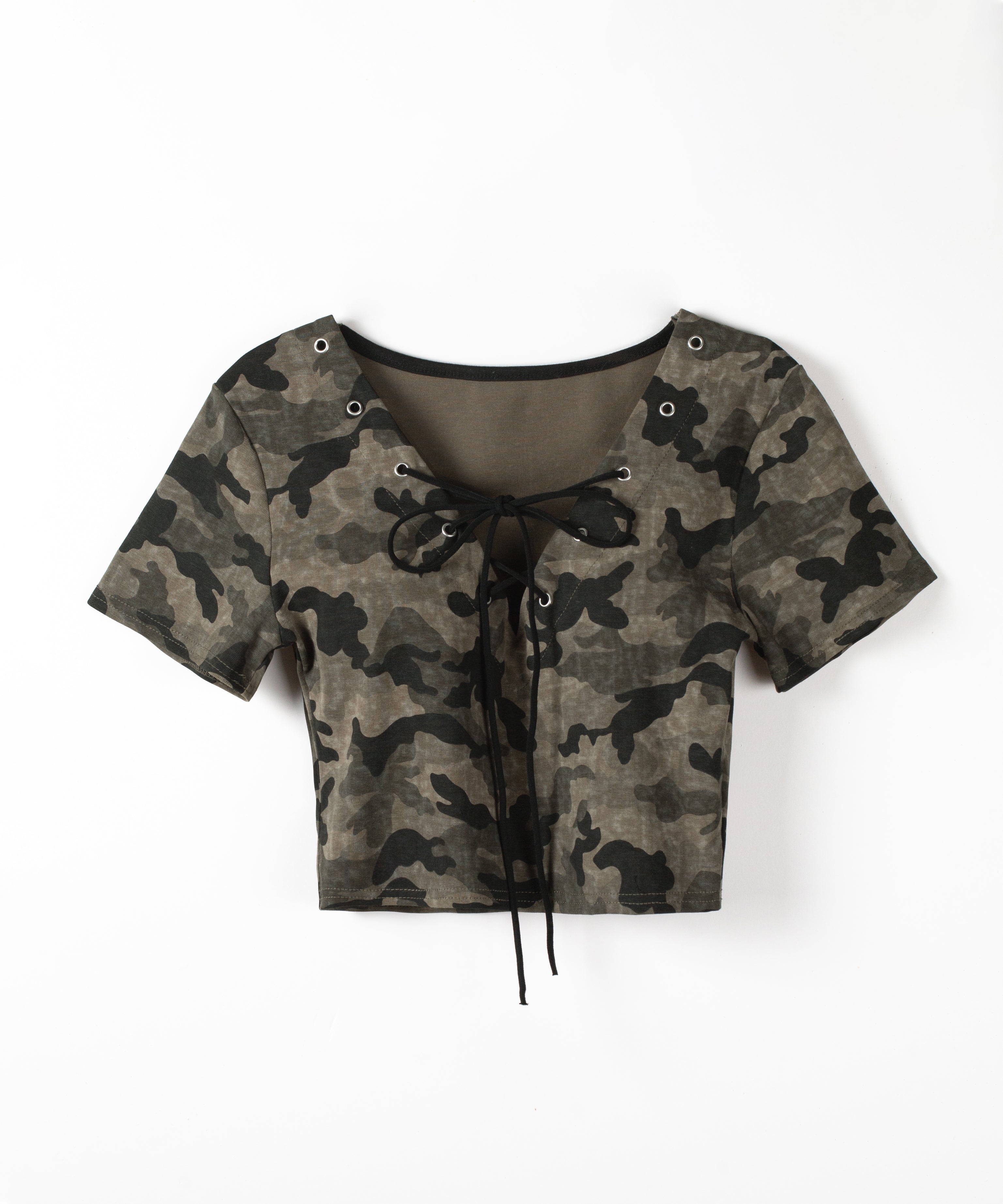 ヴィンテージカモフラレースアップショートTシャツ / Vintage camouflage lace-up short T-shirt