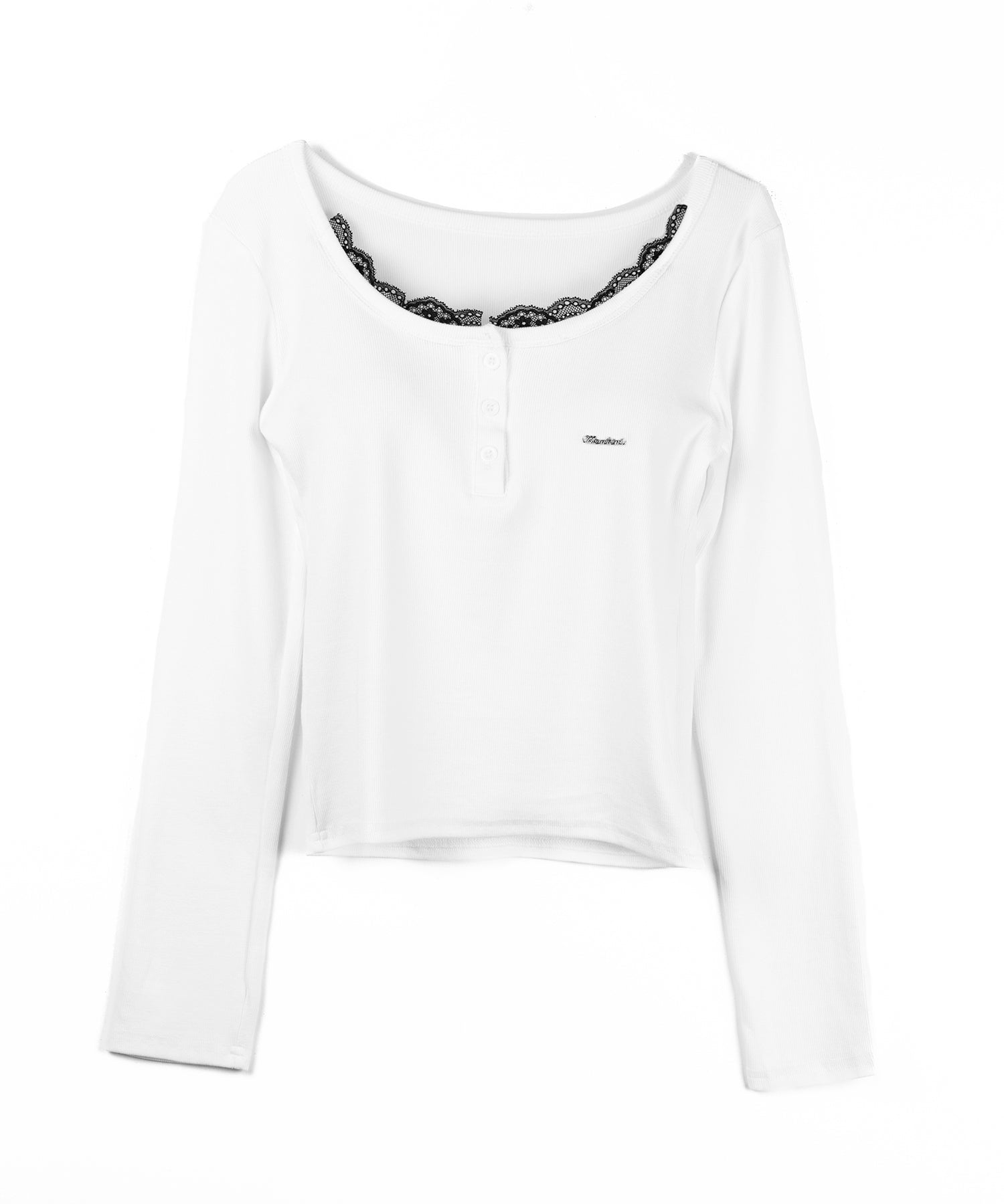 ヘンリーネックロゴプレートレースリブトップス / henley neck logo plate lace ribbed tops