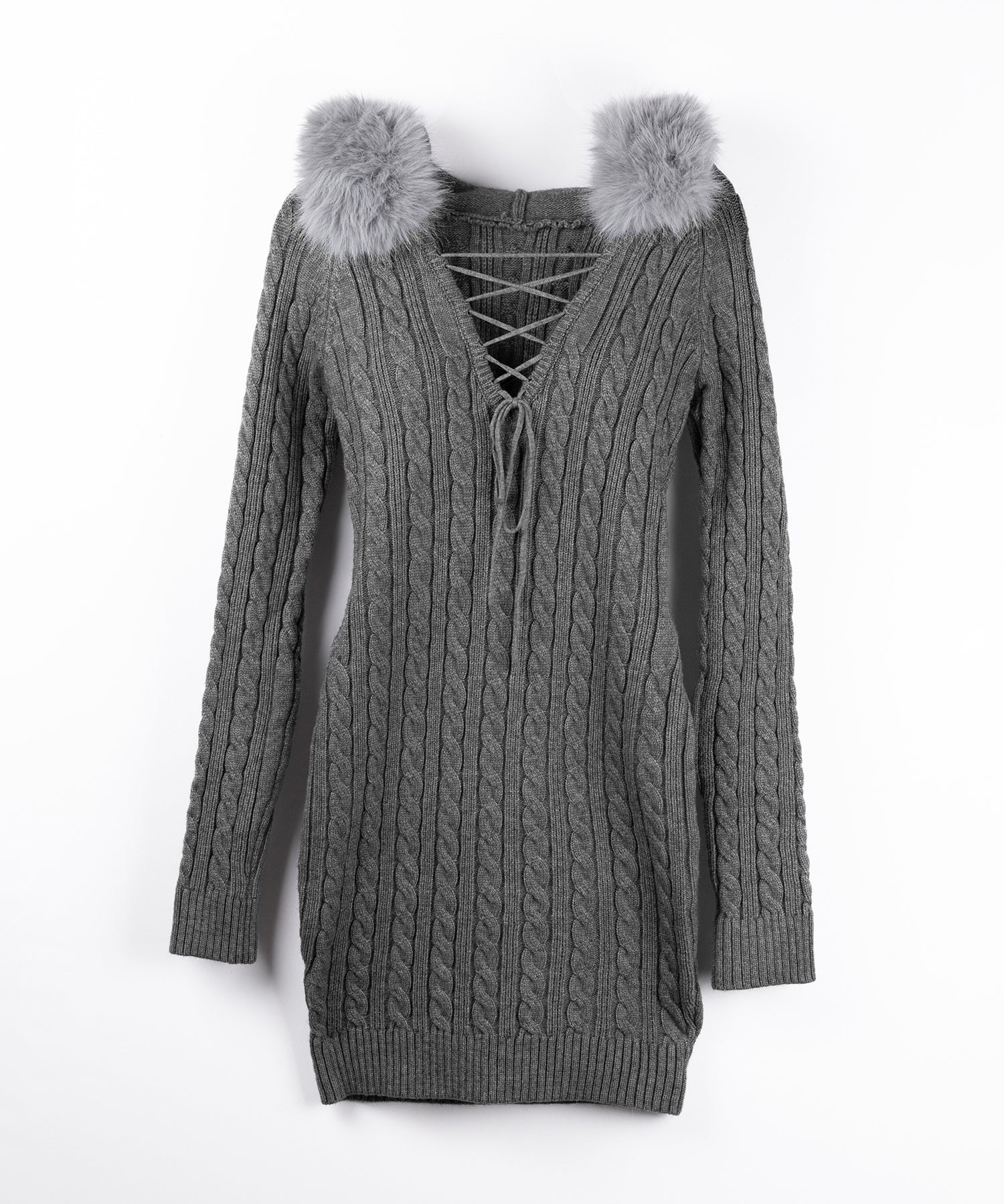 ファーフーディレースアップレディニットミニワンピース / fur hoodie lace up lady knit mini onepiece