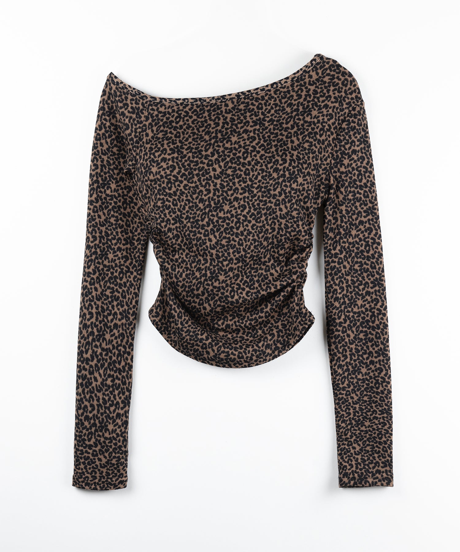 レオパードワンショルシャーリングリブカットソートップス / leopard one shoulder shirring rib cutsew tops