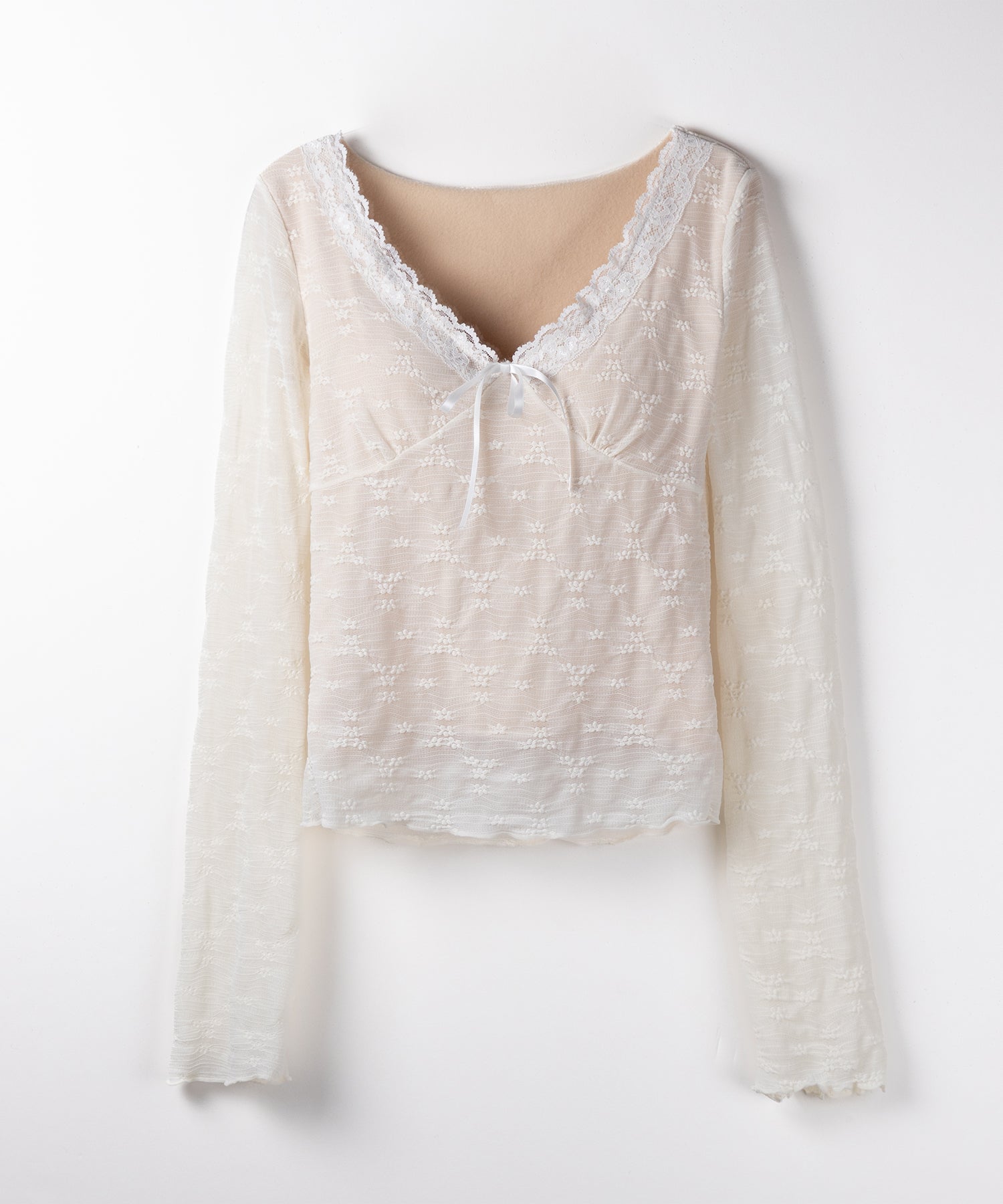 フロントリボンレイヤードレーストップス / front ribbon layered lace tops